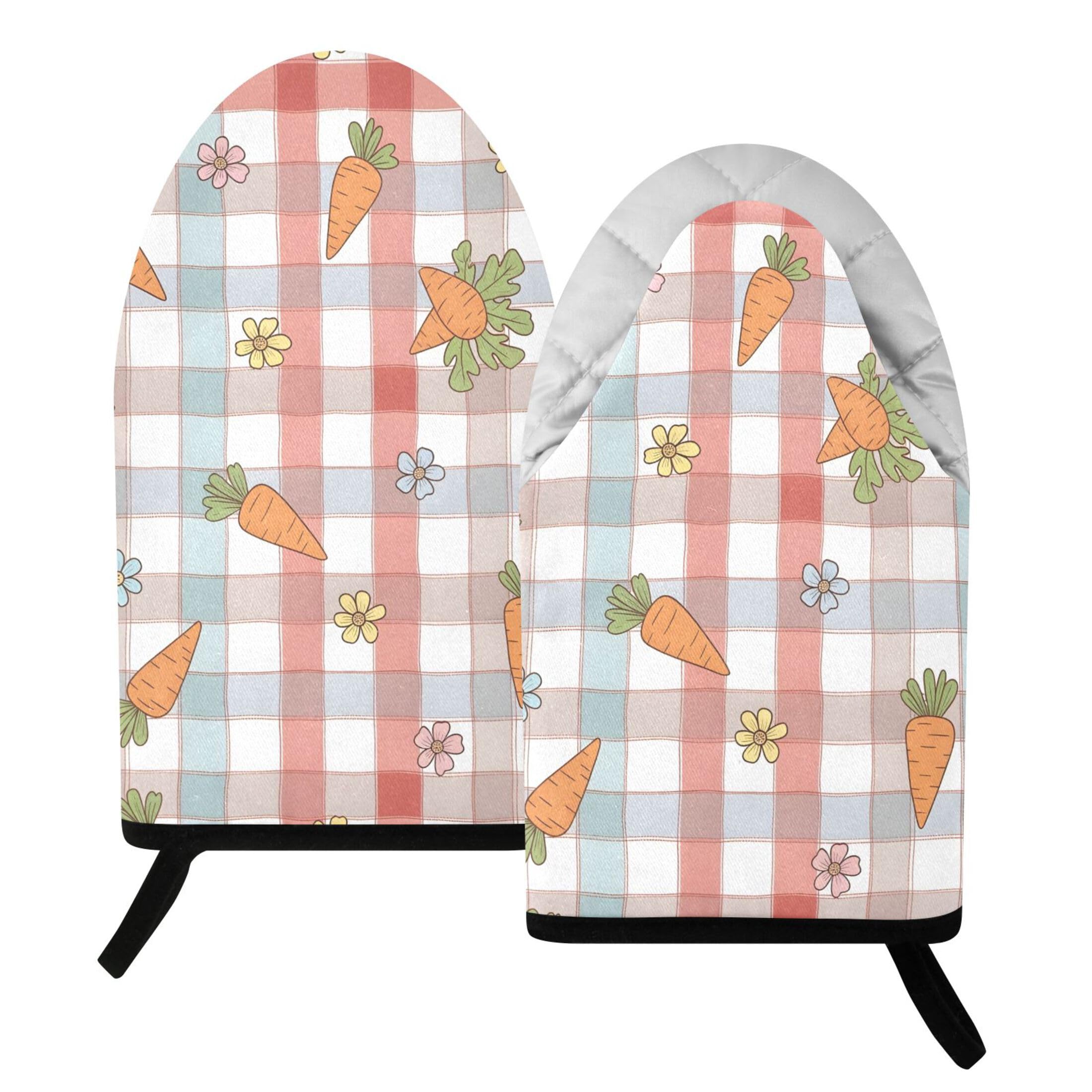 Kutsu Gingham Kawaii Carrots Oven Mitts for Kitchen, Heat Resistant Cotton Oven Gloves for BBQ Baking Cooking, Breathable Kitchen Essentials, 2 pcs