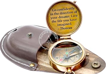Thoreaus Go Confidently Engraved Graduation Gift for him, Camping Compass with Leather Pouch Boating Hiking Religious Gifts, Missionary Gifts Keepsake. Confirmation Gift Direction Compass