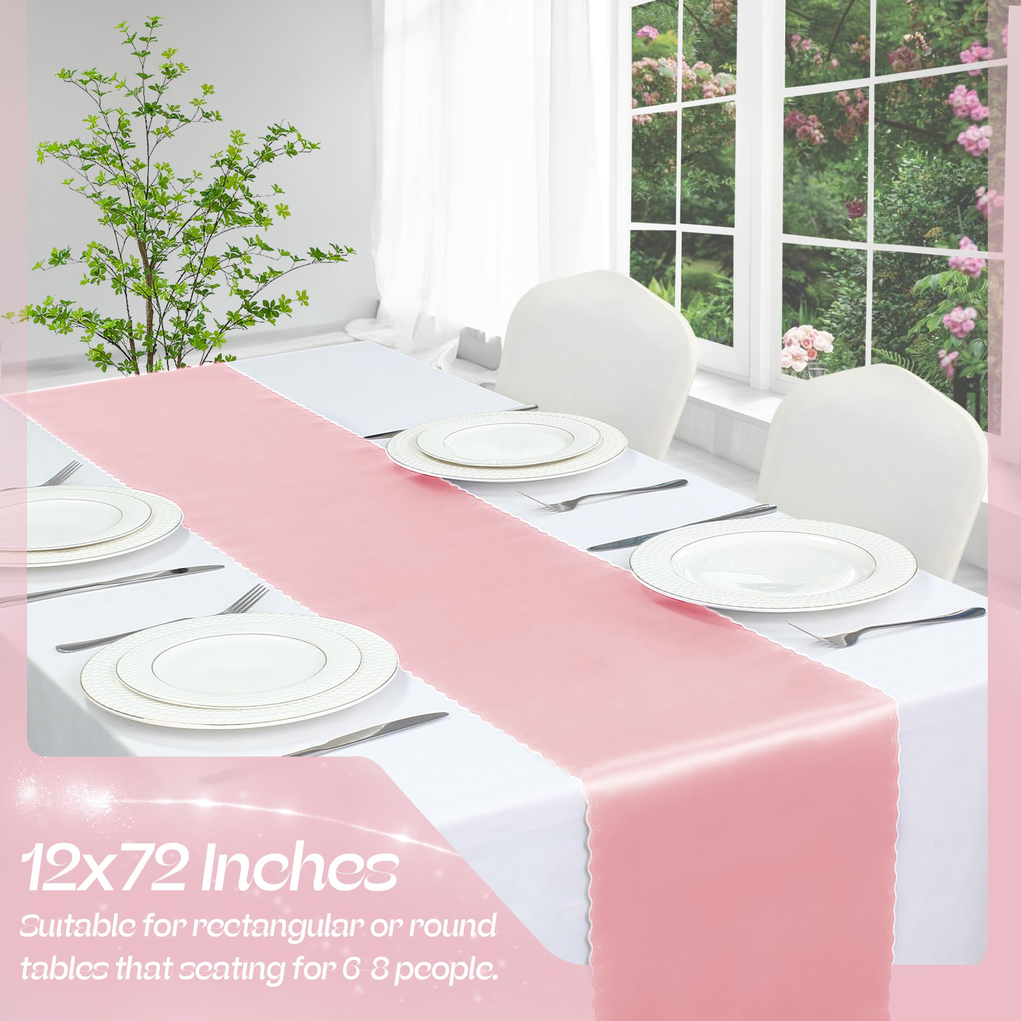 VACVELT Paquete de 12 caminos de mesa de satén de 12 x 72 pulgadas de largo, color rosa rubor, caminos de mesa de boda, caminos de mesa suaves y brillantes para fiestas de cumpleaños, banquetes,