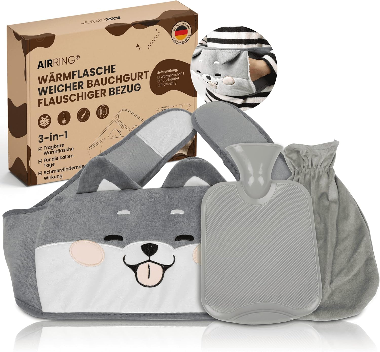 Zepphi Wärmflasche 1L Mit Gürtel - Kaninchenfell Bezug Für Rücken & Bauch