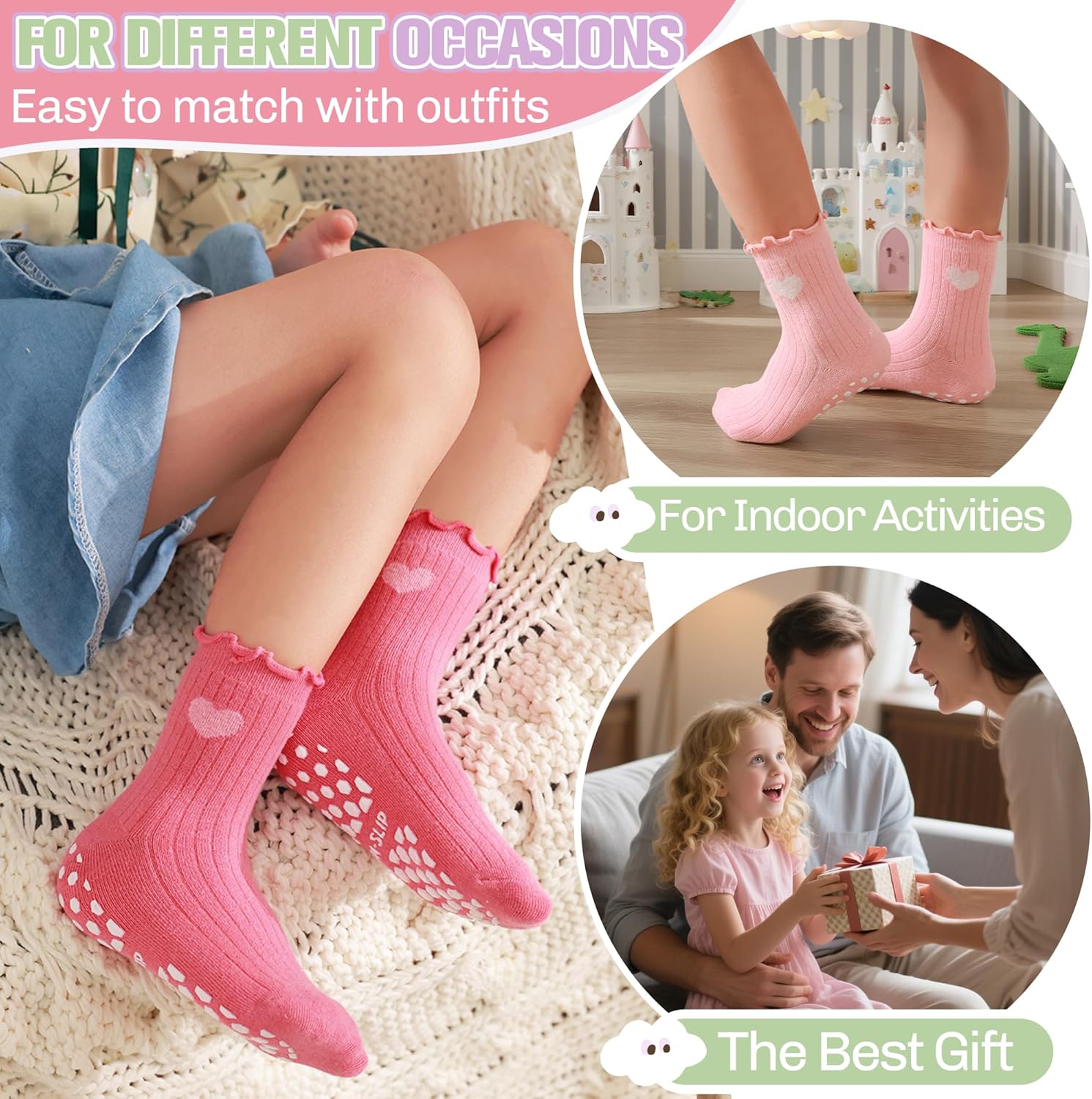 Baby Girls Toddlers Ruffle Grip Socks for Kids Non Slip Anti Skid Frilly Cute Funny Cotton Crew Grippers Socks 9 Pairs - Image 6