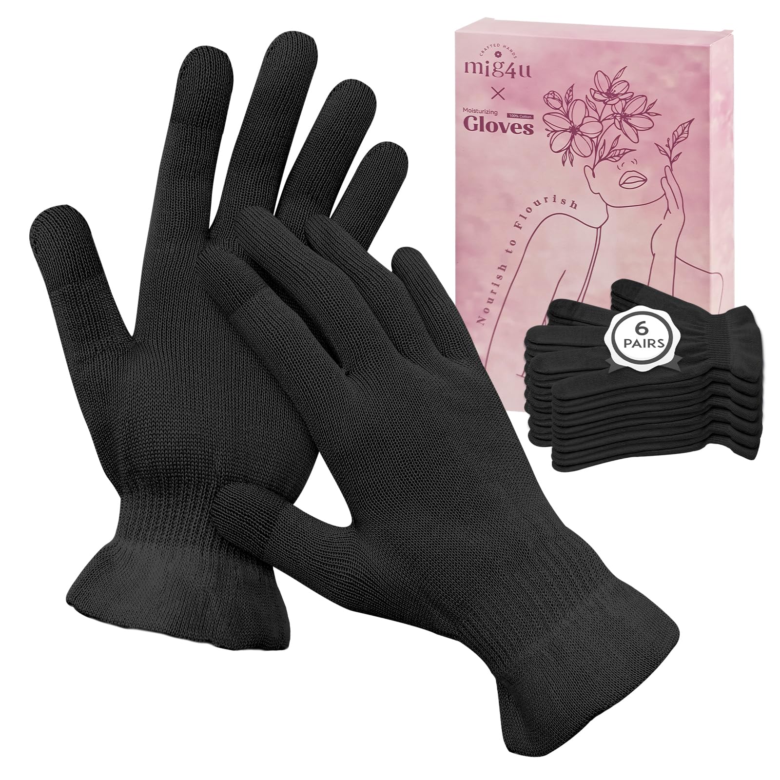 MIG4U Moisturizing Beauty Gloves Touchscreen Overnight Sleeping Glove for Women Dry Hands, Nighttime Lotion, Eczema, SPA, Cosmetic Treatment, Black 6 Pairs Size l/XL