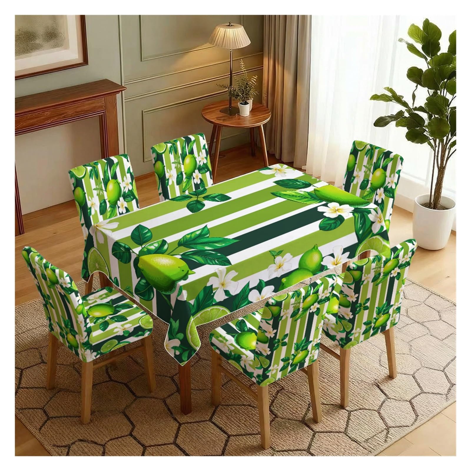 BOSUYBN Fresh Green Striped Lime Fruit Floral Dining Tablecloth & Chair Covers Set, 5/7 Piece Summer Tropical Farmhouse Kitchen Dining Decor Table Setting(7pcs Set: Tablecloth+Chair Covers)