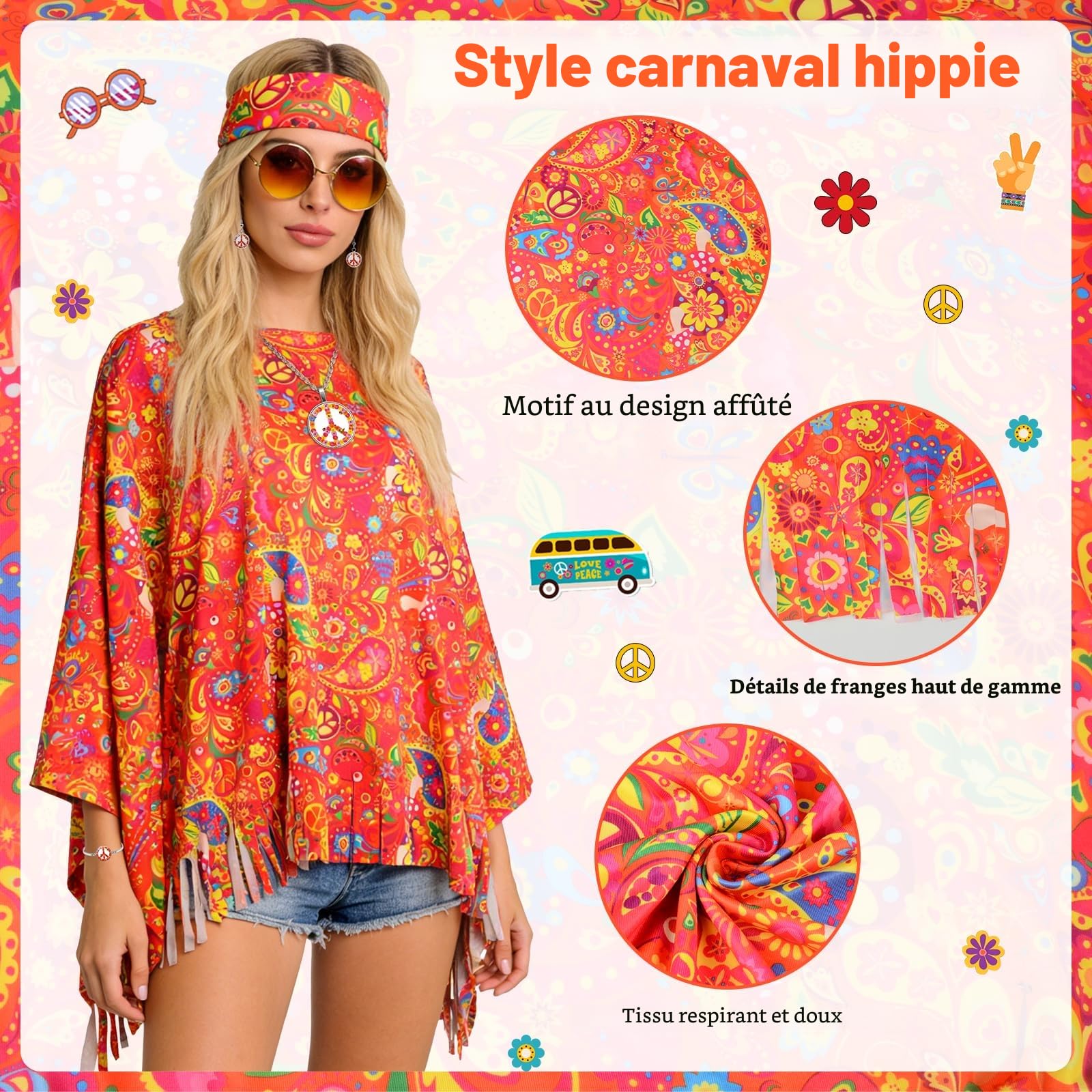 Déguisement Hippie Femme, Deguisement Femme Annee 70 avec Cape Hippie, Sac Bandoulière, Lunettes Soleil, Déguisement Disco Années 60, Vêtements Hippie Rétro Années 1970 pour Carnaval Fête