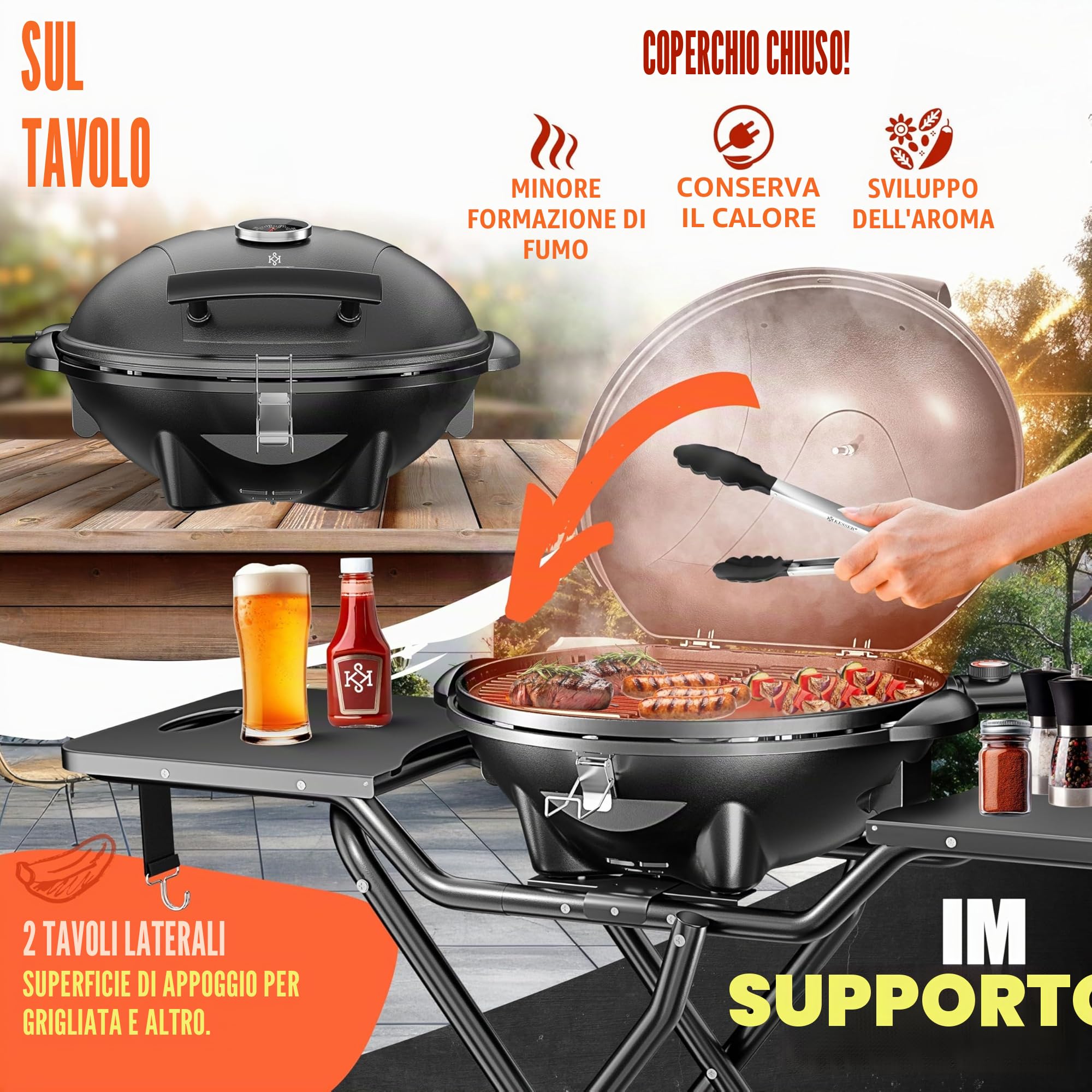 KESSER® Barbecue elettrico 2in1 Barbecue da tavolo, barbecue con coperchio e piedistallo | 2400 W max | pieghevole | termometro | rivestimento antiaderente | piastra della griglia ripiani di appoggio