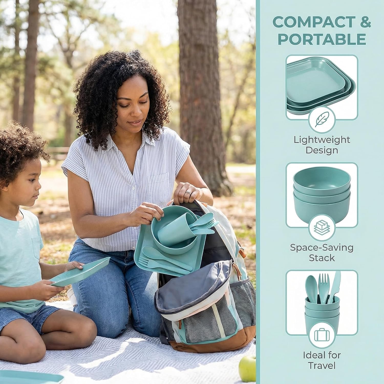 NOLITOY Wheat Straw Dinnerware Set 6-Piece Plates and Bowls Sets - Compact Small Unbreakable Dinnerware for Camping, Outdoor Picnic, Microwave Safe Dish with Serving Utensils, BPA Free, Blue