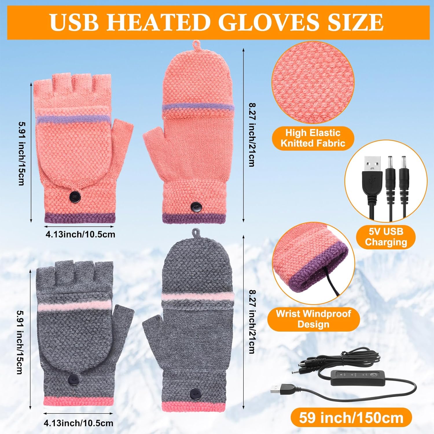 JaGely 2 Pairs USB Heated Gloves Winter Fingerless Hand Warmers Gloves Full and Half Hands Heated Mitten for Winter Indoor Outdoor Sports Work - Image 2