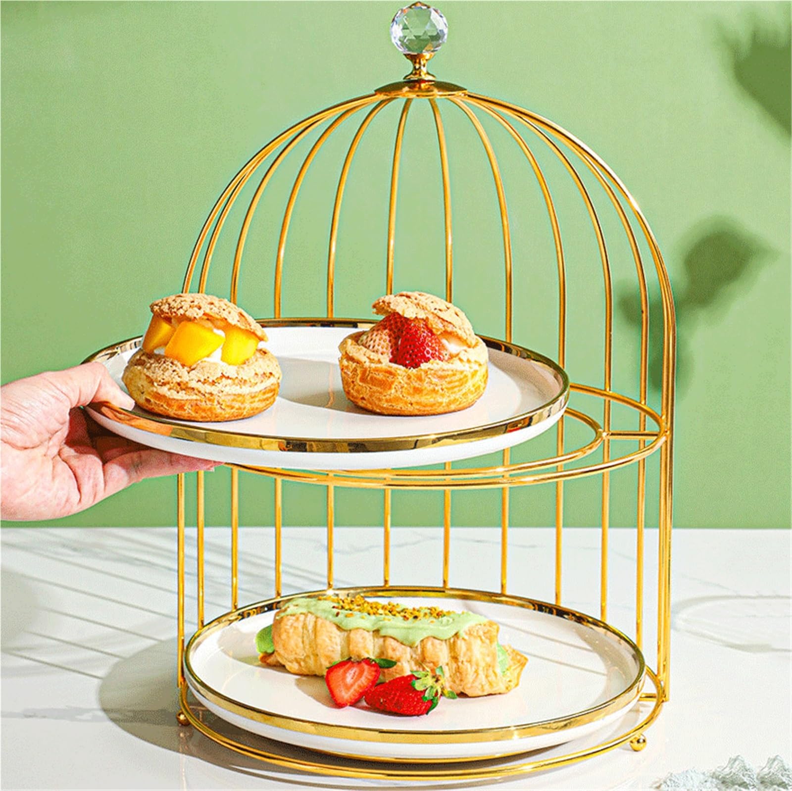 Patera na tort, klatka dla ptaków, trzypoziomowa podstawka na herbatę, taca na wypieki, stojak do serwowania, stojak na ciasta, na wesele (zielony, duży)