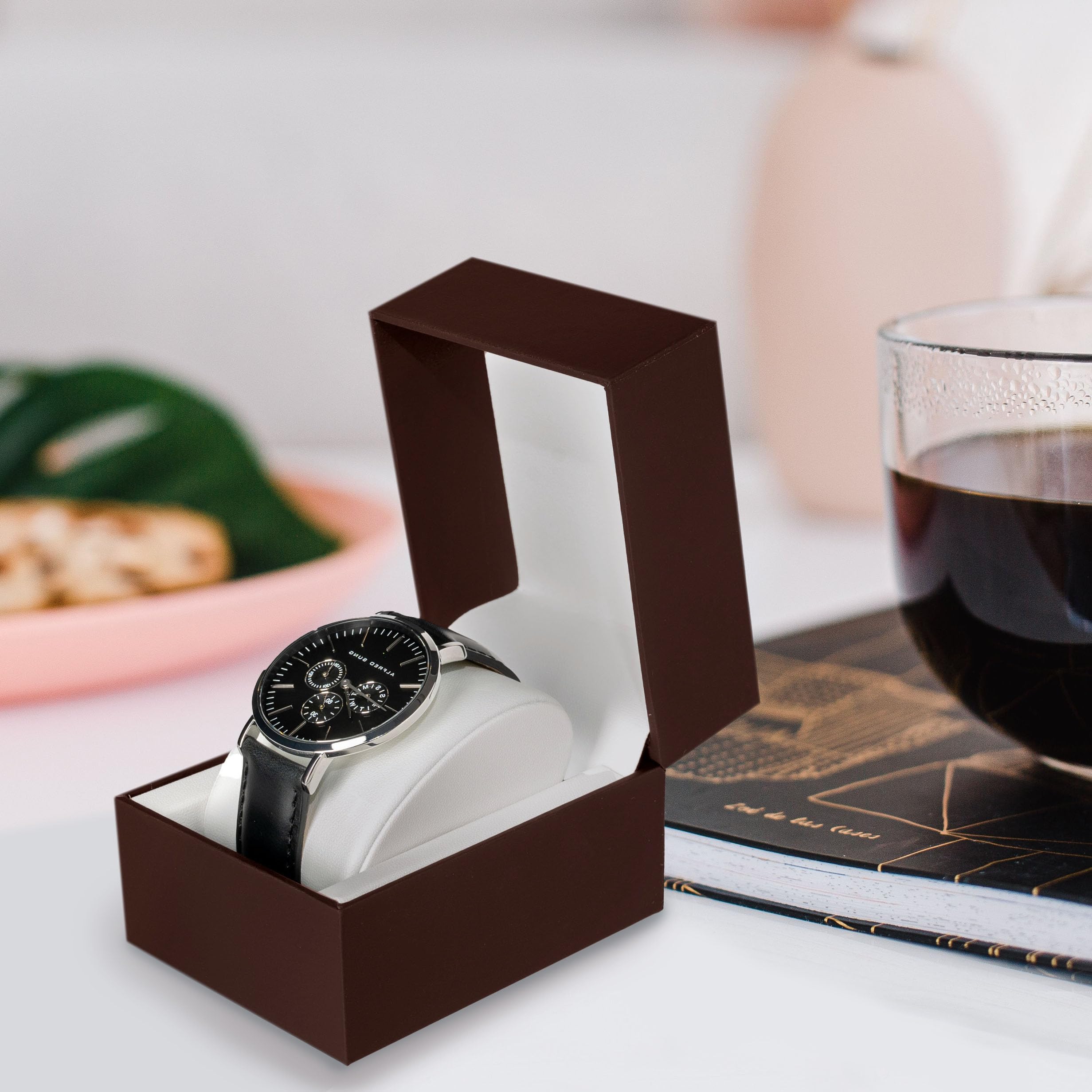 Prestige & Fancy Premium Brown Watch Gift Box with Pillow Single Watch Case Storage Box PU Wristwatch Display Case Organizer for Men and Women for Christmas, Birthdays, Anniversary