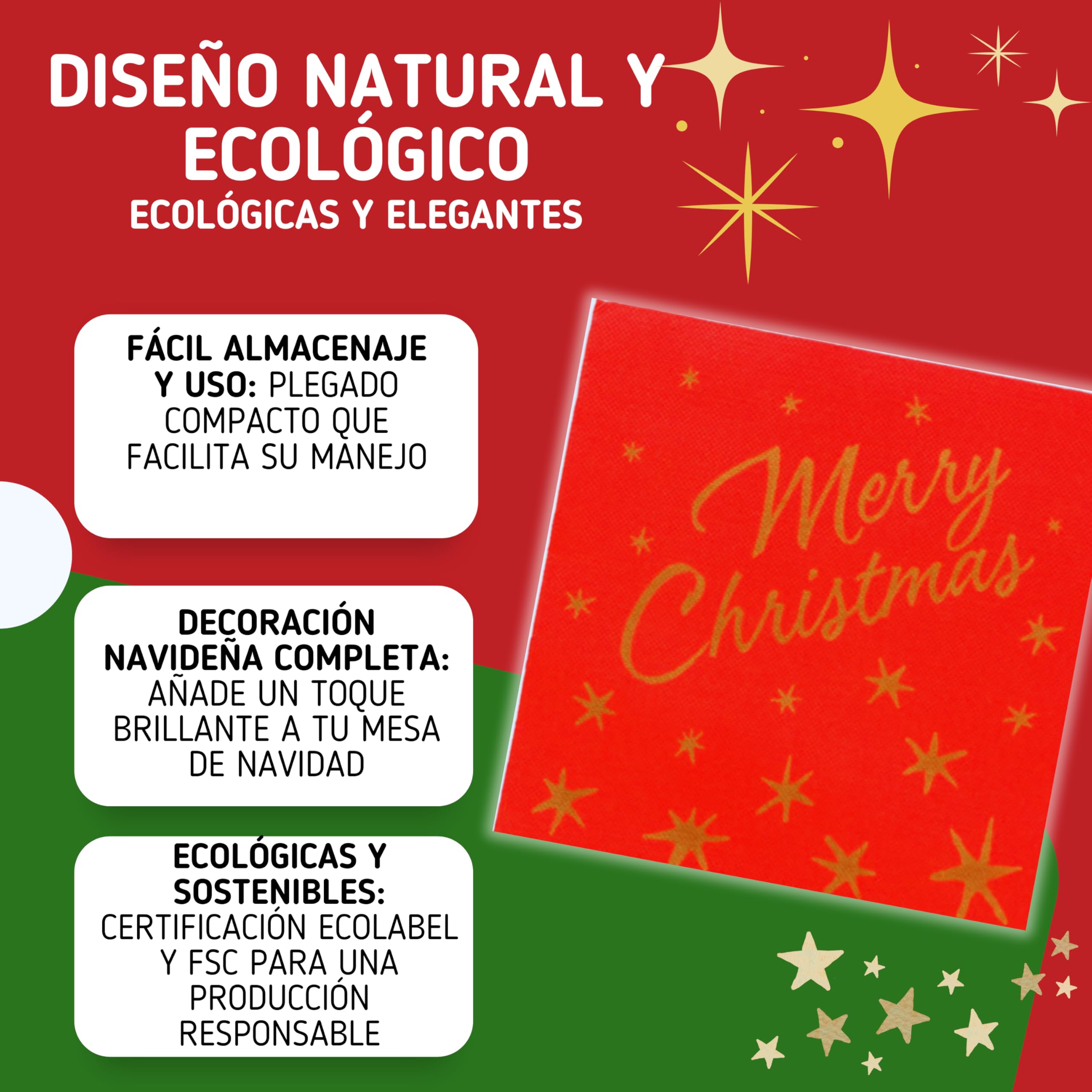 SANJOMA | 1000 Servilletas Doble Punto Papel Navidad | Servilletas Decoradas Merry Christmas Reciclables, Biodegradables | Roja Y Oro 40x40 cm, 18 g/m² | Certificado Ecolabel y FSC (1000, Rojo y Oro)