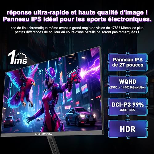 Minifire 27 inch WQHD 240Hz Gaming Monitor 1440P-1ms AMD FreeSync 丨DCI-P3 98% 丨Fast IPS丨Loudspeaker丨HDR10 丨2×DP1.4丨2×HDMI丨Height adjustable vertical/horizontal rotatable Gaming PC Monitor - 7