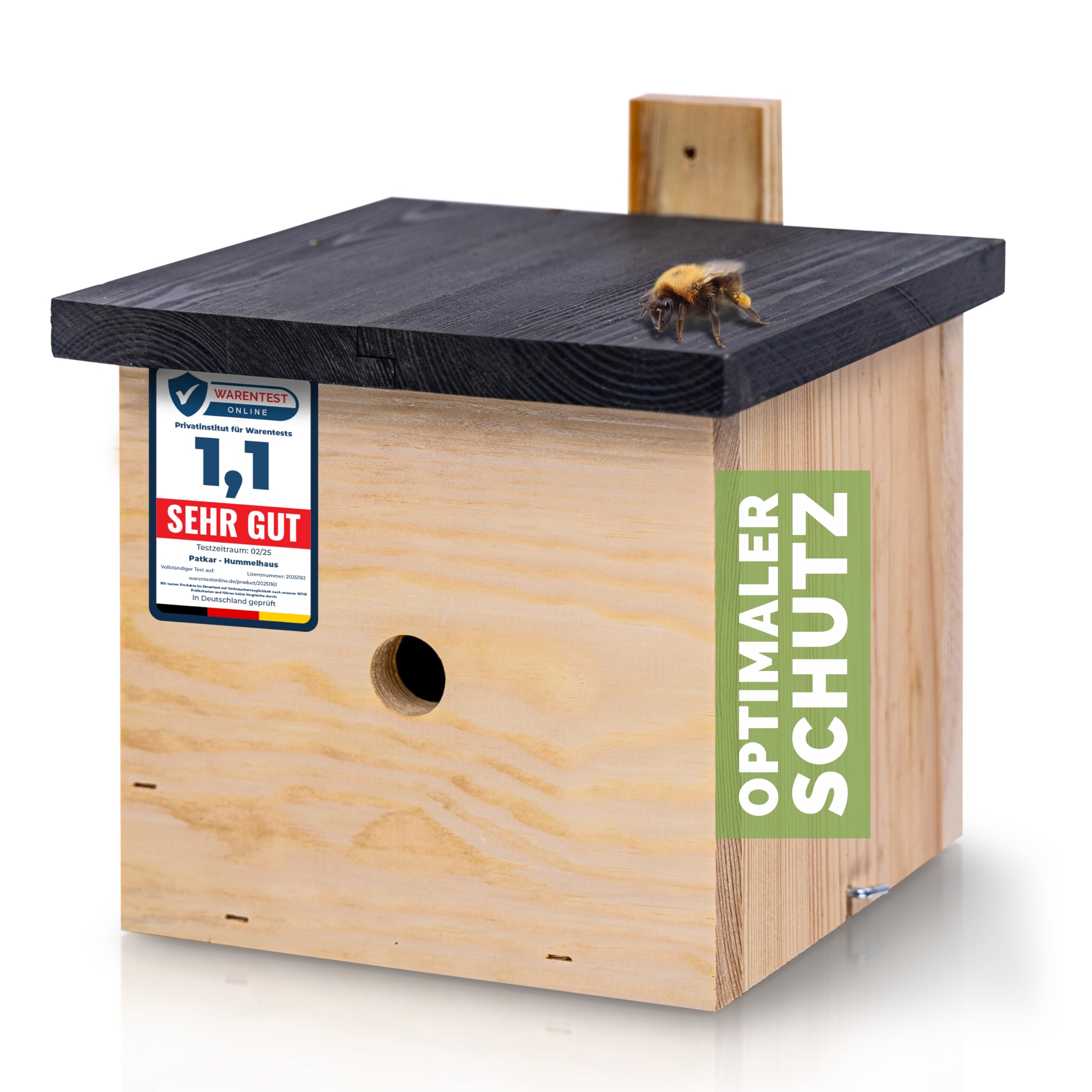 PATKAR® Hummelhaus Hummelkasten [EXTRA STABIL] - Insektenhotel Bienenhotel wetterfest & windfestes Kiefernholz (Made in Europe) - Wildbienenhotel Bienenhaus für den Garten - Gebrauchsfertig montiert