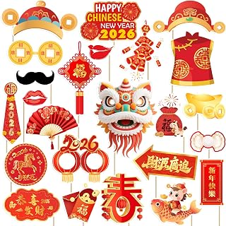 Happy Chinese New Year Photo Booth Props- 24Pcs 2026 Lunar New Year Photo Booth Props, 2026 Chinese New Years Party Supplies, Funny 2026 Year of The Horse Party Selfie Props