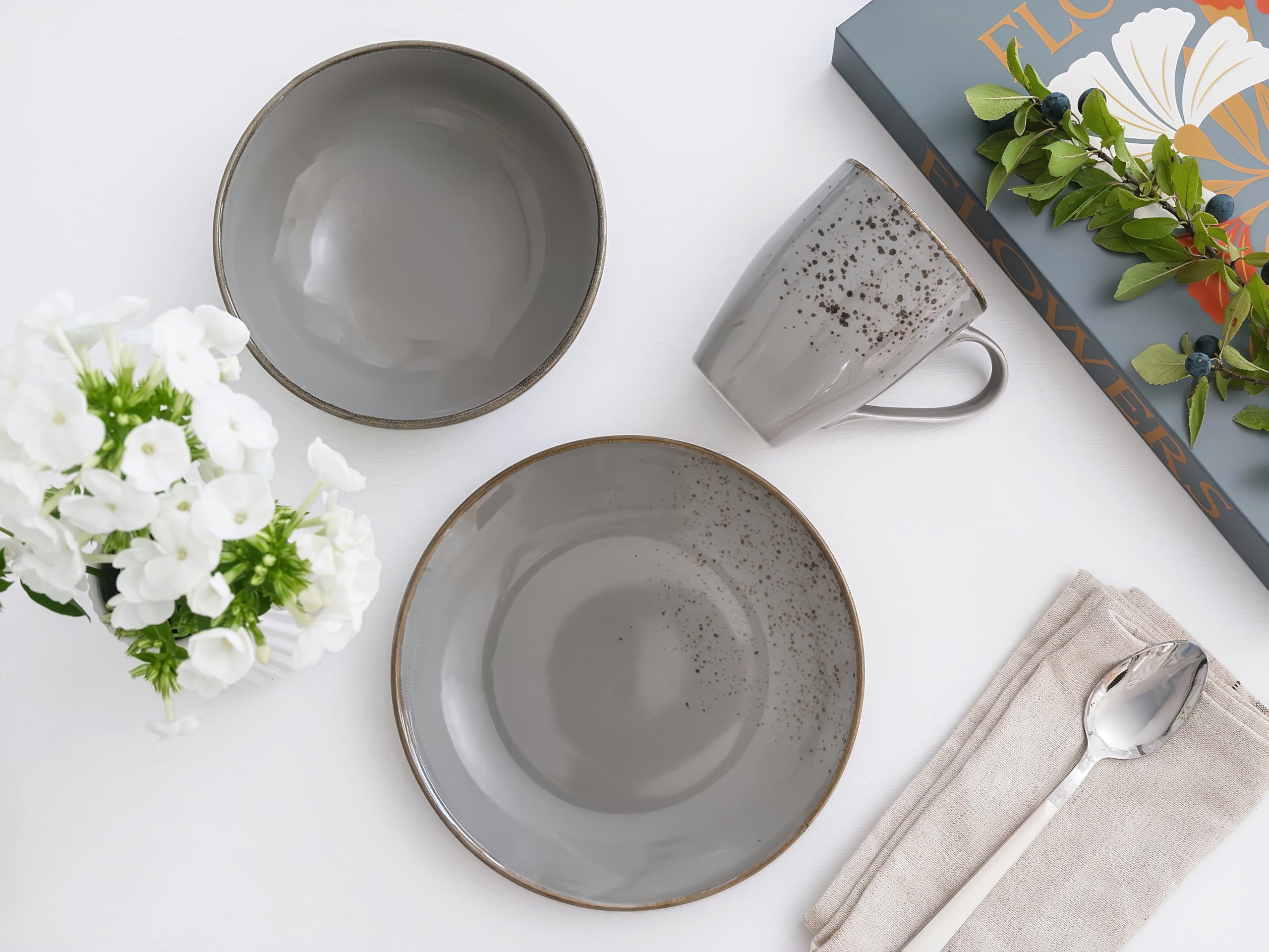 CreaTable, 24970, seria Nature Collection Stone, 12-częściowy zestaw naczyń dla 4 osób, serwis do kawy z kamionki, nadaje się do mycia w zmywarce i używania w kuchence mikrofalowej, wyprodukowano w