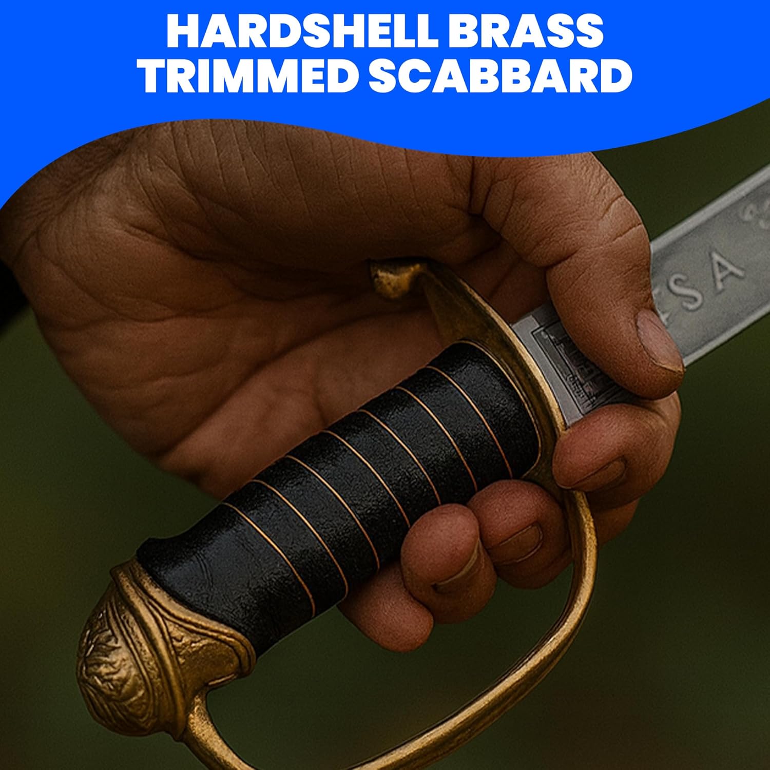 SZCO Supplies 42" Carbon Steel Shelby Officer's Sword with Brass Guard, Wire Wrapped Handle, Hardshell Brass Trimmed Scabbard - Real Sword for Adults, Ceremonial, Military