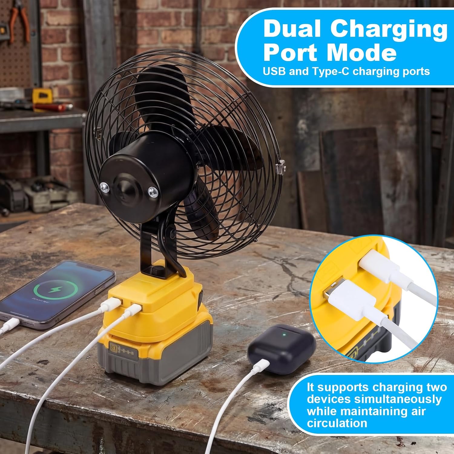 Gerrii Portable Jobsite Fan & LED Work Light Compatible with Dewalt 20v Battery, Cordless Rechargeable Camping Tent Fan LED Flashlight with USB Type-C Power for Workshop Emergency Outdoor (No Battery)
