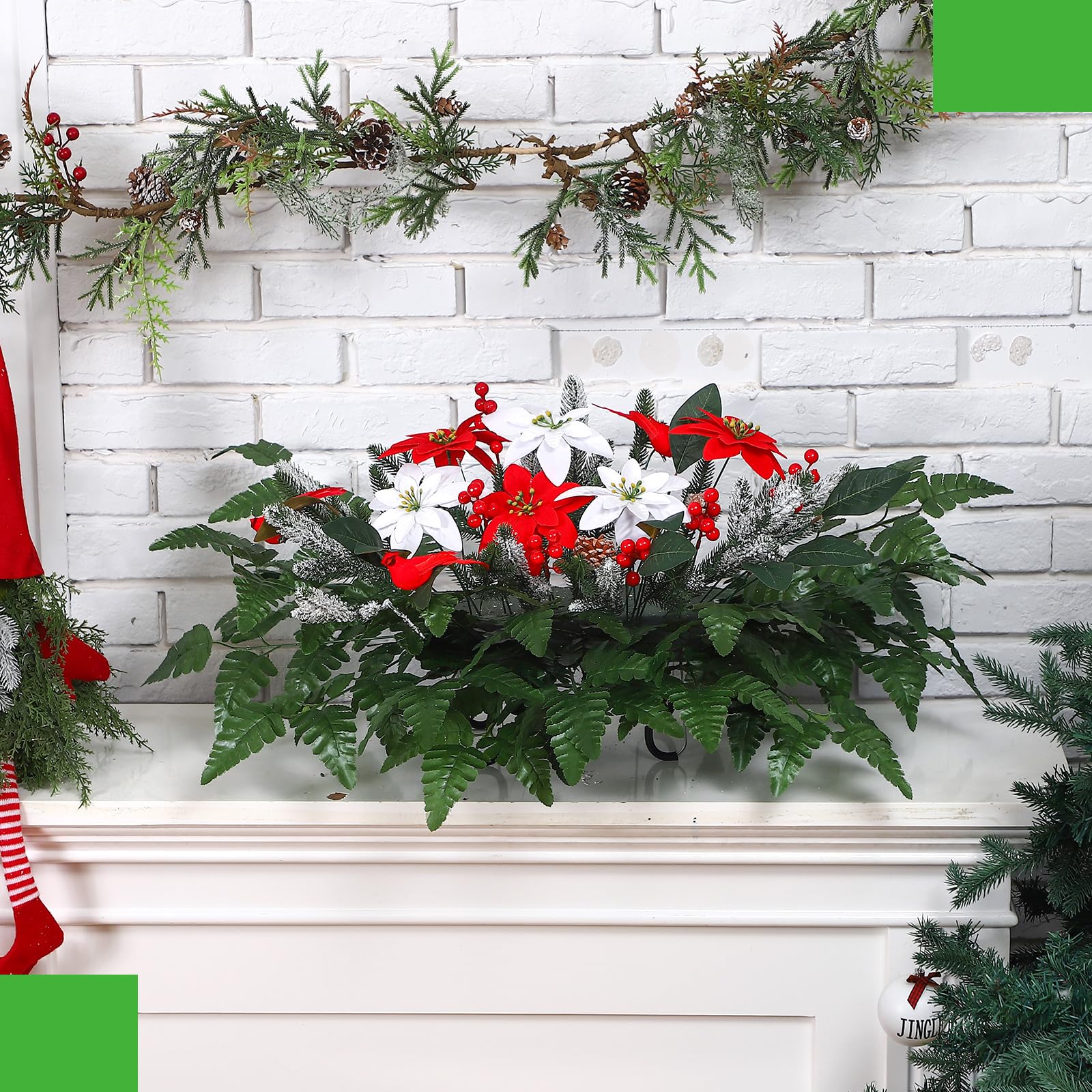 Thiccywoov 70 Stück künstliche Friedhofsblumen mit Draht-Grabstein-Sattel, Weihnachtssterne, Seidenleder-Blattfarnen, roter Vogel, Tannenzapfen, Beere, Tannennadel für den Außenbereich,