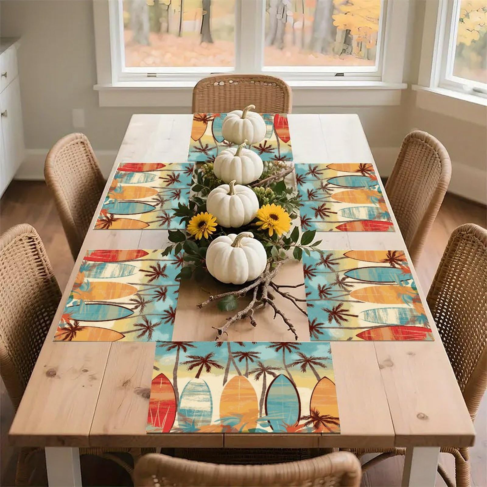 Surfboard Palm Tree Placemats Non-Slip Heat Resistant Table Mats Flax Washable Cloth Place Mats Easy to Clean Premium Placemat for Kitchen Dining Table Decor Party Outdoor