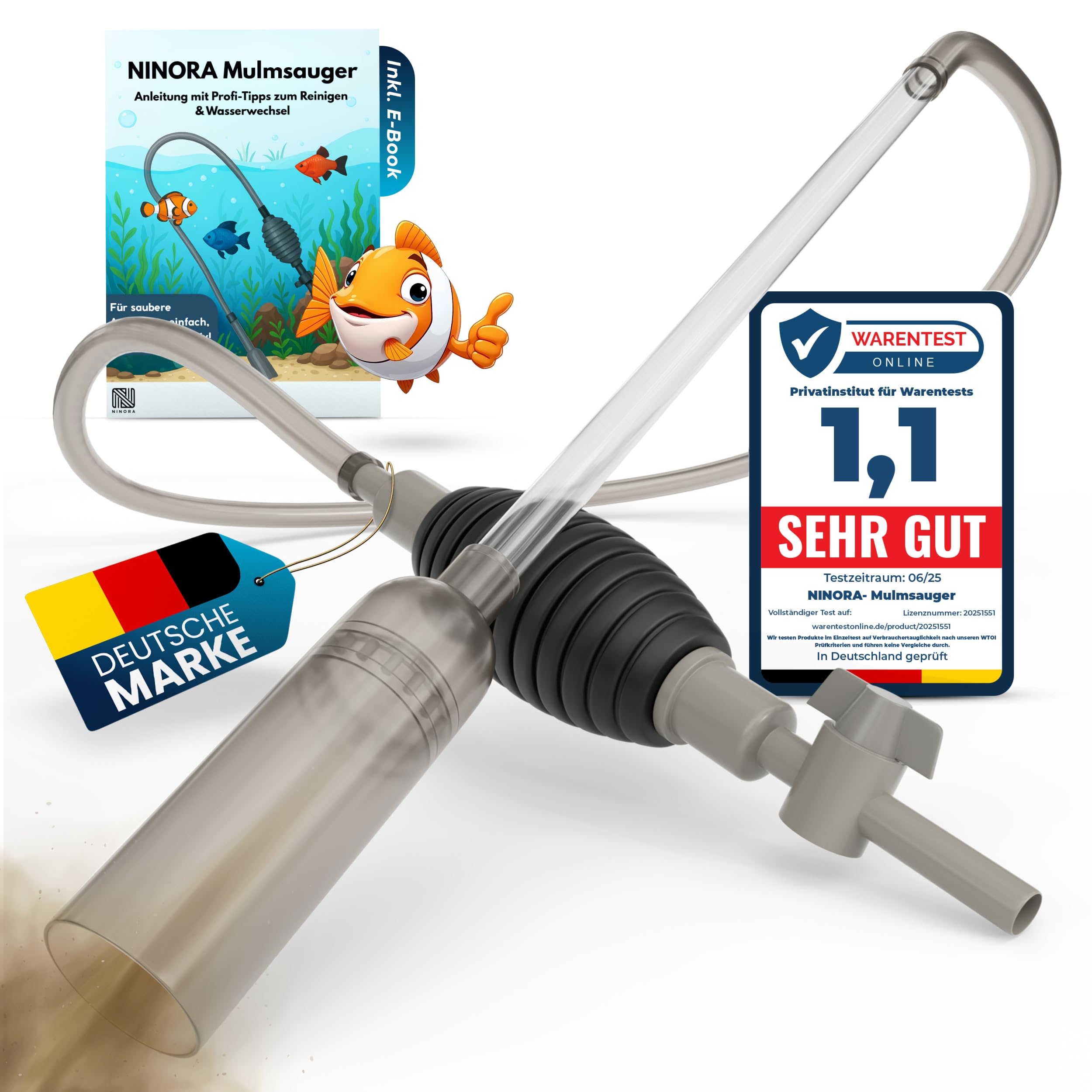 NINORA® Mulmsauger Aquarium – Kiesreiniger, Bodenreiniger & Wasserwechsel mit Pumpe und Schlauchventil I Sicher für Fische, ohne Chemie I Für kleine & große Aquarien I Aquarium Zubehör inkl. E-Book