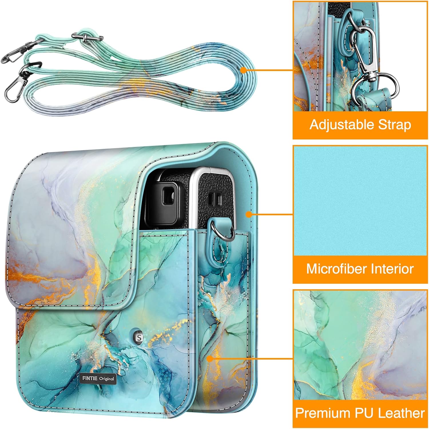 Fintie Protective Case for Fujifilm Instax Mini 40 Instant Camera - Premium Vegan Leather Bag Cover with Removable Adjustable Strap, Emerald Marble