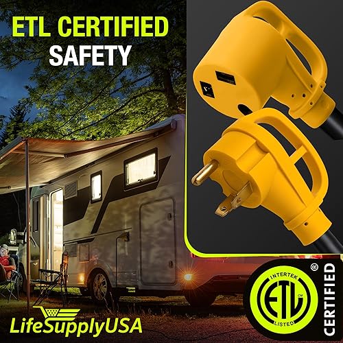 Miniatura 20 de Cable de extensión RV de 50 pies de 50 amperios (14-50P/SS2-50R) con 4 clavijas macho y mango de agarre, hembra con conector de bloqueo giratorio