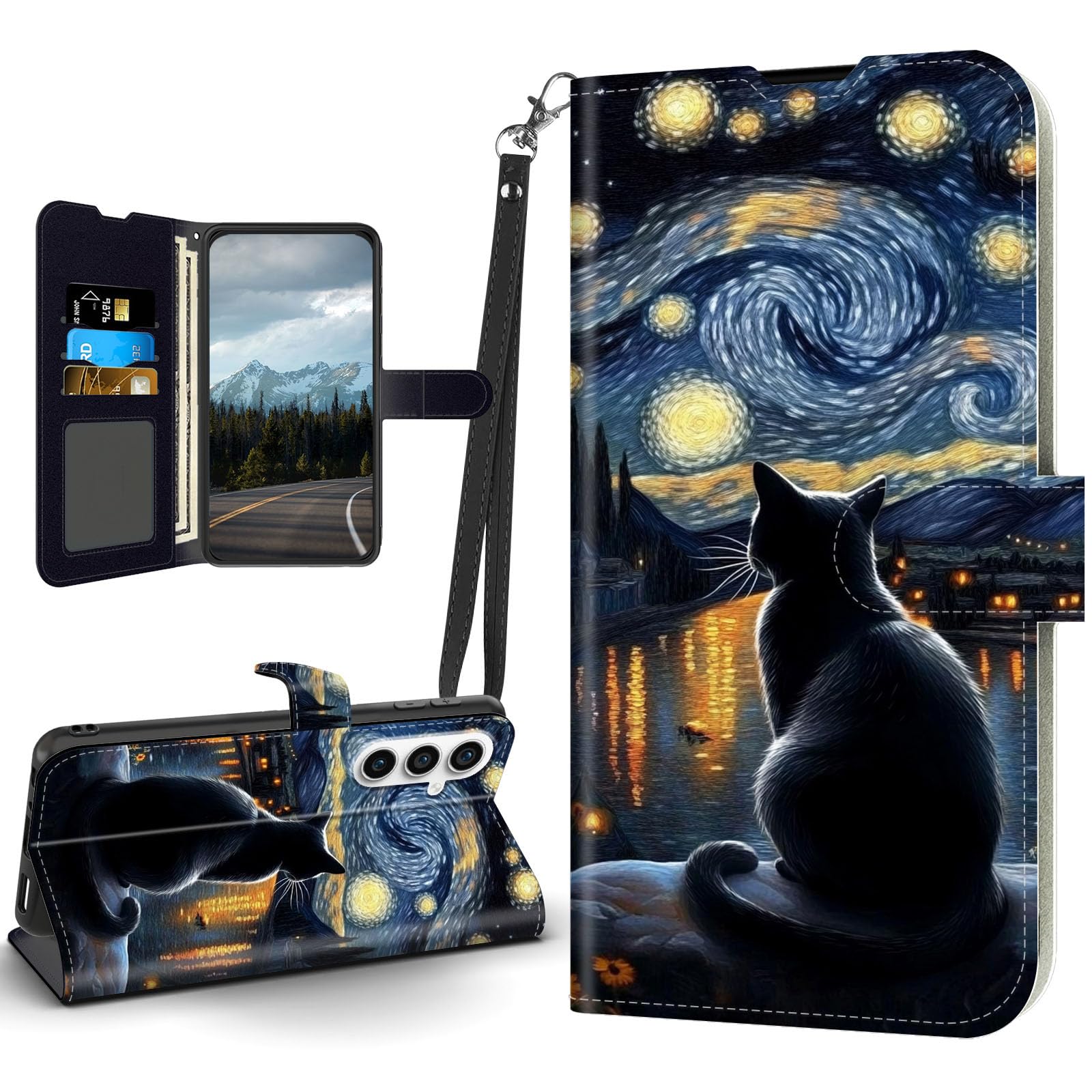 Tudguiloae for Samsung Galaxy S25 Plus Case, Flip PU Leather Shockproof Starry Night Black Cat Phone Case for Galaxy S25 Plus, Magnetic Clasp Phone