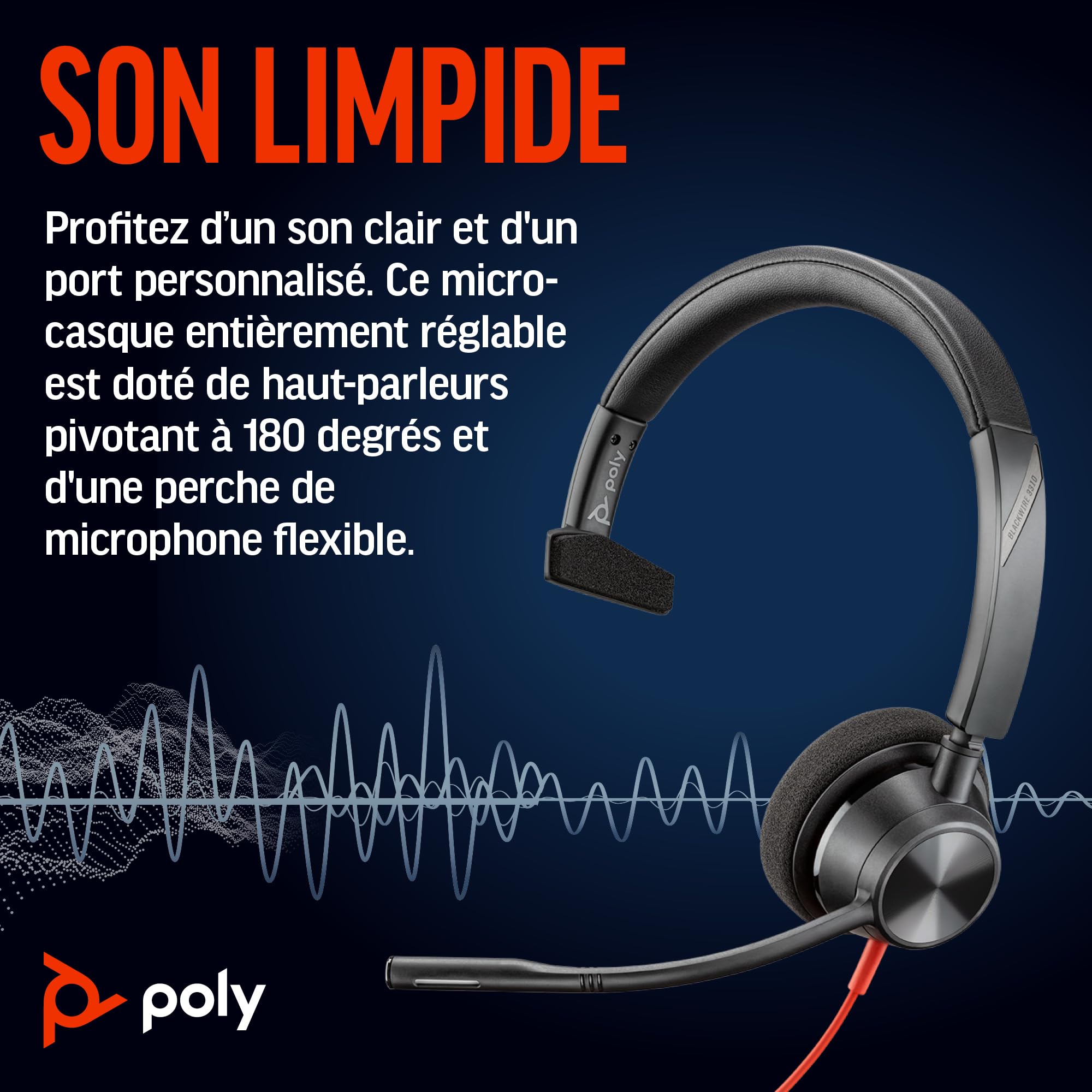 Micro-casque filaire Poly Blackwire 3310 – Perche de microphone flexible – Conception monaurale – Connexion à un PC/Mac via USB-C ou USB-A – Fonctionne avec Teams, Zoom