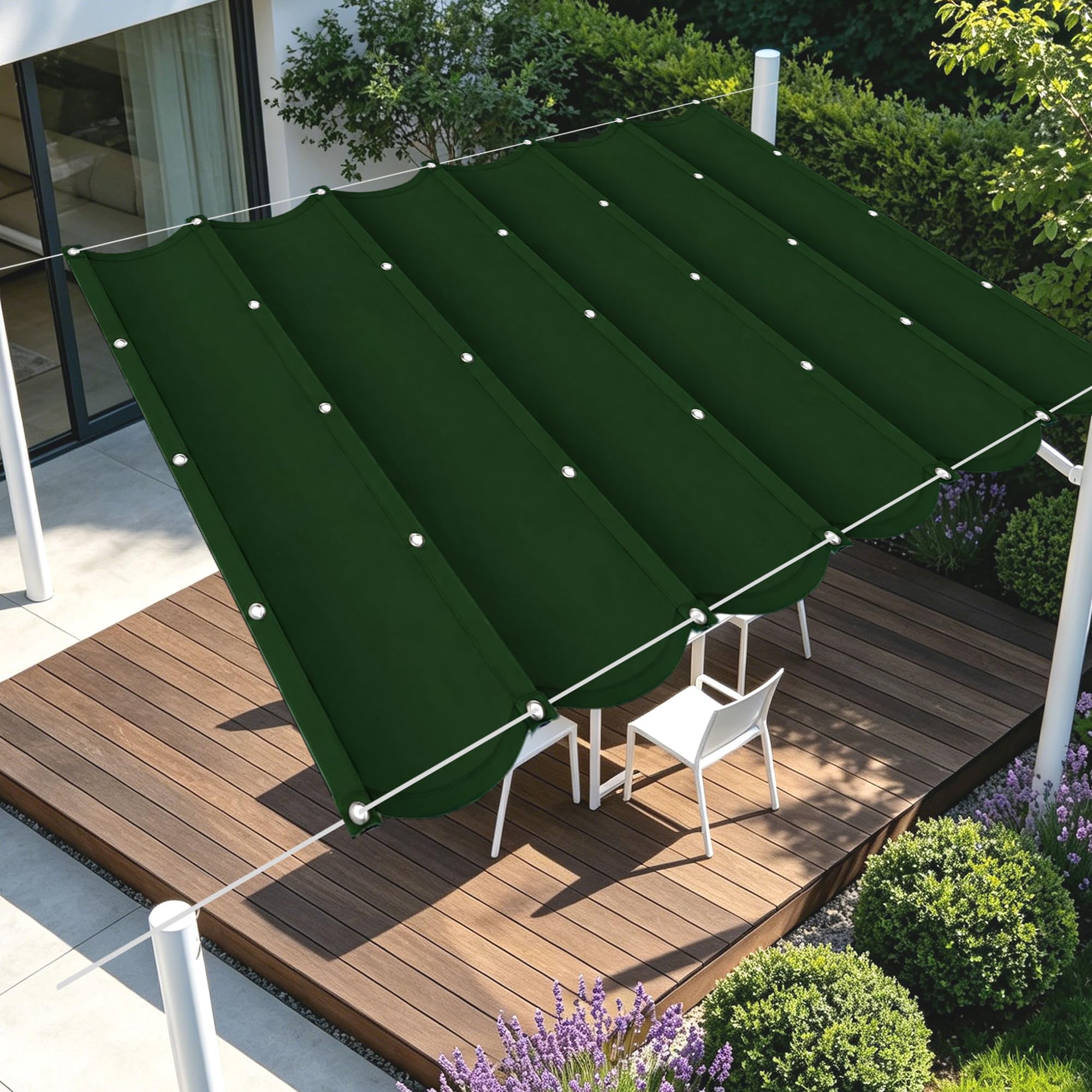 Voiles d'ombrage anti-UV avec œillets et cordons pour terrasse verte