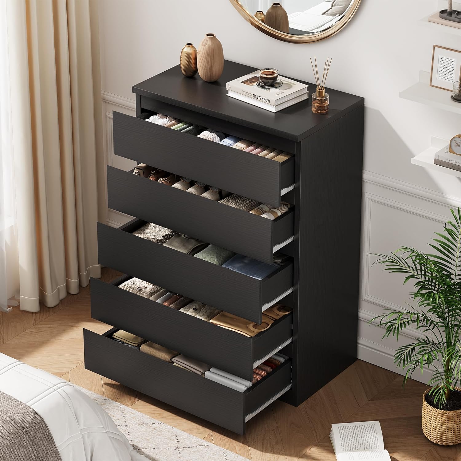 Black 5 Drawer Dresser for Bedroom, 15" D x 23.7" W x 40.4" H in Modern Chest of Drawers, Wood Storage Dresser with Handleless Drawers for Kids Bedroom, Living Room, Hallway, Entryway