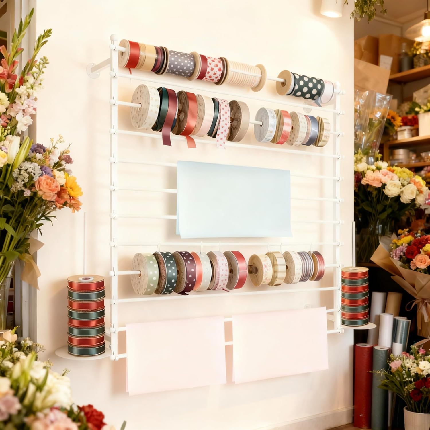 12 Layers White Wall Display Stand Wrapping Paper Ribbon Organizer Holder Storage Scarf Tie Belt Towel Spool Sewing Tool Hijab Metal Shelving for Home, Retail Stores, Flower Shop, Studio-120cm