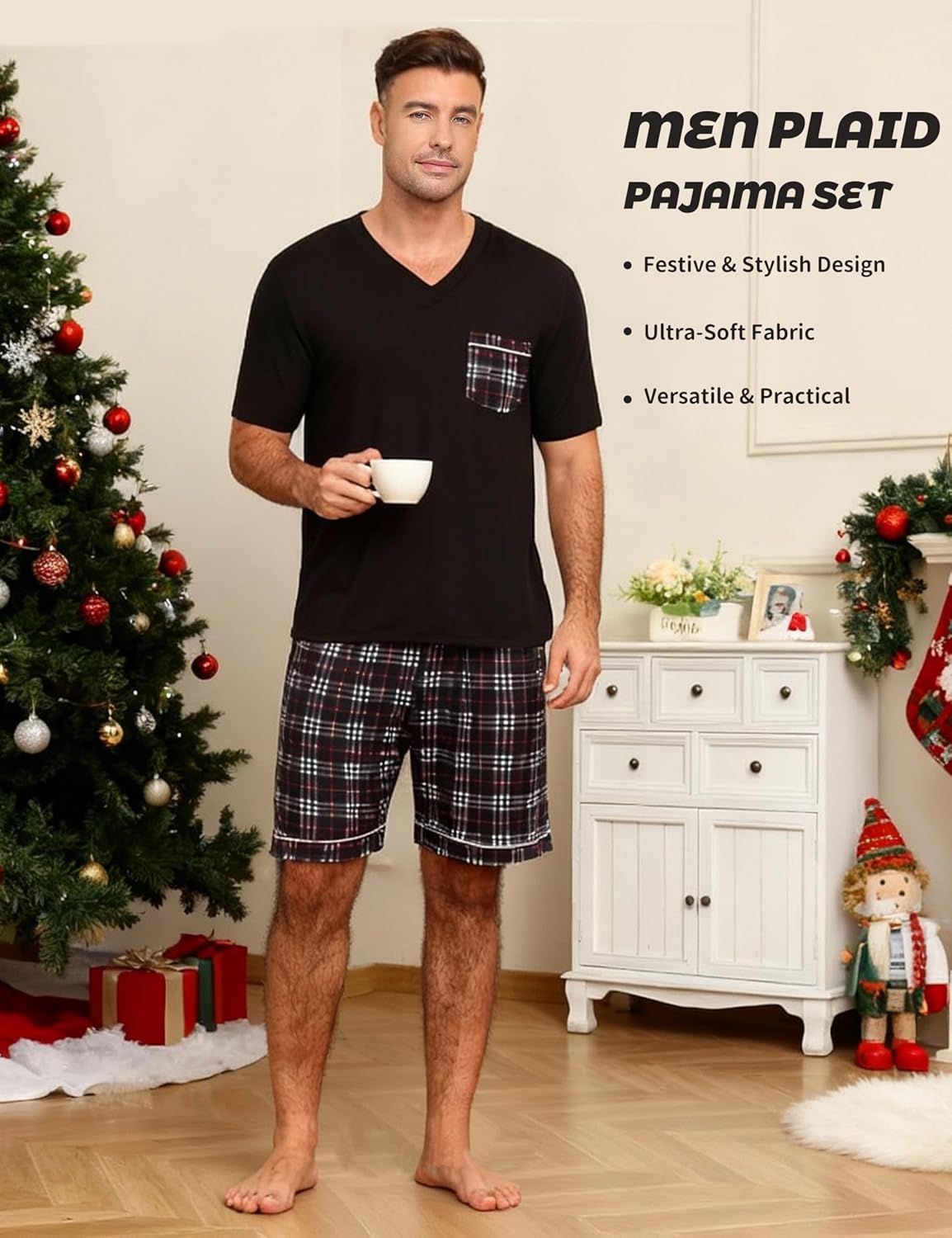 MoFiz Mens Pajama Set Summer Pjs Sleepwear Nightwear Lightweight Quick Dry Soft Short Sleeve V-Neck Pjs Sleep Set With Pocket - Image 6