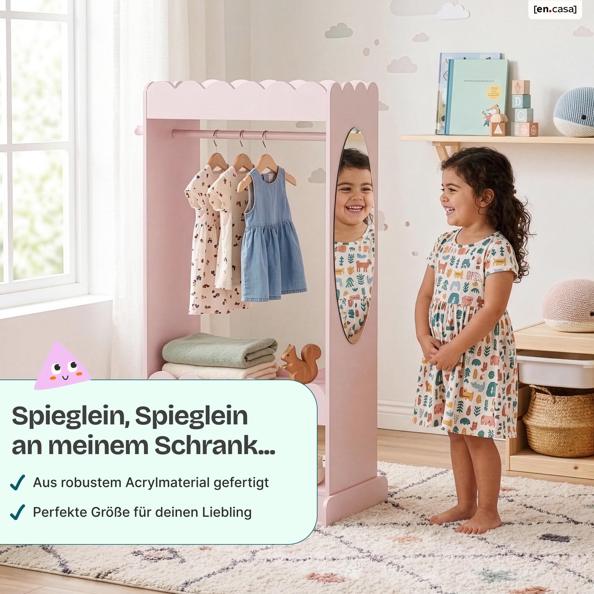 [en.casa] Kindergarderobe stehend Vestnes Kinder Kleiderschrank mit Spiegel und Kleiderstange 120 x 63 x 38 cm Kleiderständer mit 3 Haken Wellendesign Cotton Candy