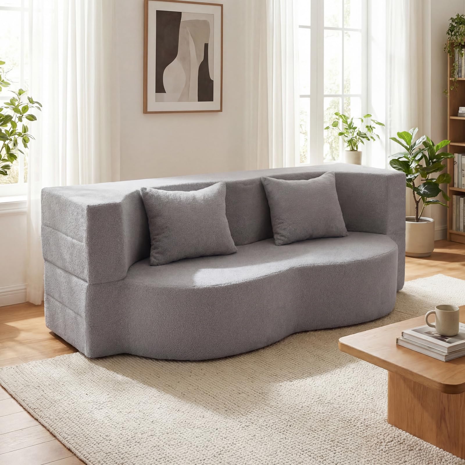 COSTWAY 2 in 1 Divano Letto Pieghevole, Divano a 2 Posti in Pile Teddy con 2 Cuscini Comodi, Nessun Montaggio, Divanetto Convertible Moderno per Soggiorno Camera Ospiti, 192,5x84x62 cm (Grigio)