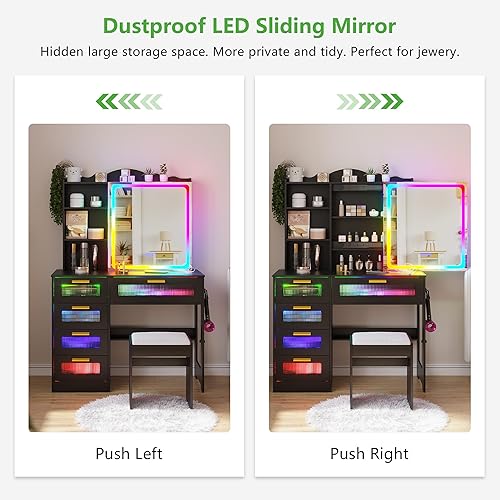 Miniatura 7 de HNEBC Escritorio esquinero con espejo giratorio LED y luces, organizadores de maquillaje para tocador, pequeños tocadores con estación de carga,