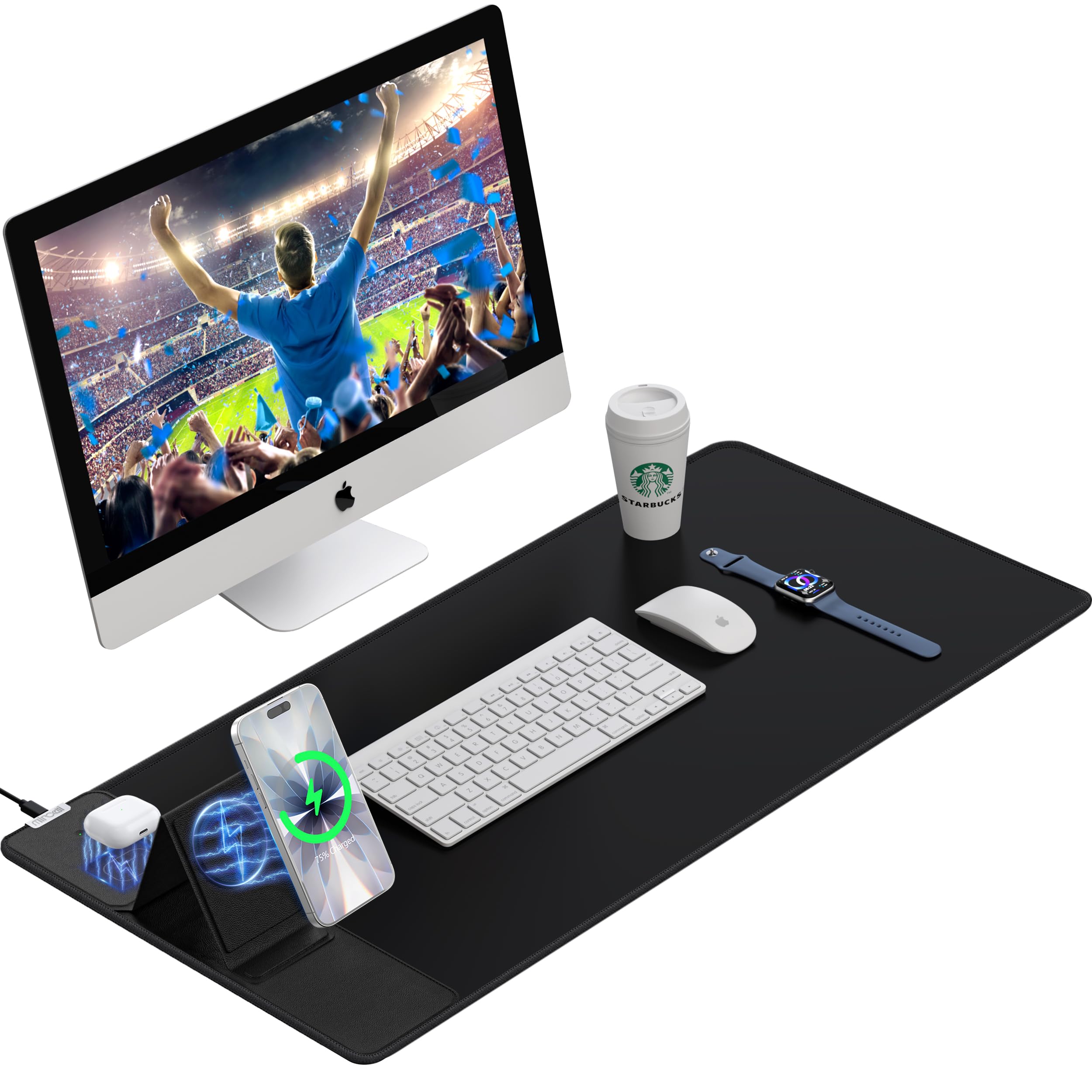 Wireless Charging Mouse Pad with Foldable Phone Holder, 15W Magnetic Fast Charging for iPhone Samsung, 31.5"x15.75" Large Desk Mat for Laptop/Keyboard, Waterproof Gaming Mousepad with Non-Slip Base