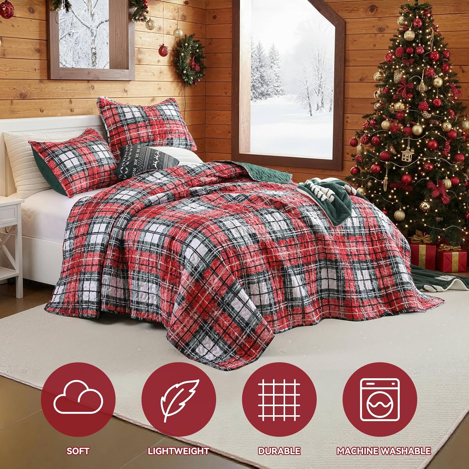 FROZZUR Christmas Quilt Set Queen Size - Red Plaid Lightweight Winter Quilted Bedspread - Soft Patchwork Christmas Bedding for Gift, Cozy Holiday Bedroom Décor