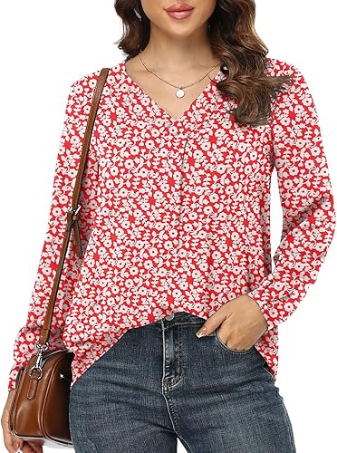 Jouica Blusas para mujer, blusa casual de gasa, holgada, con cuello en V, manga larga