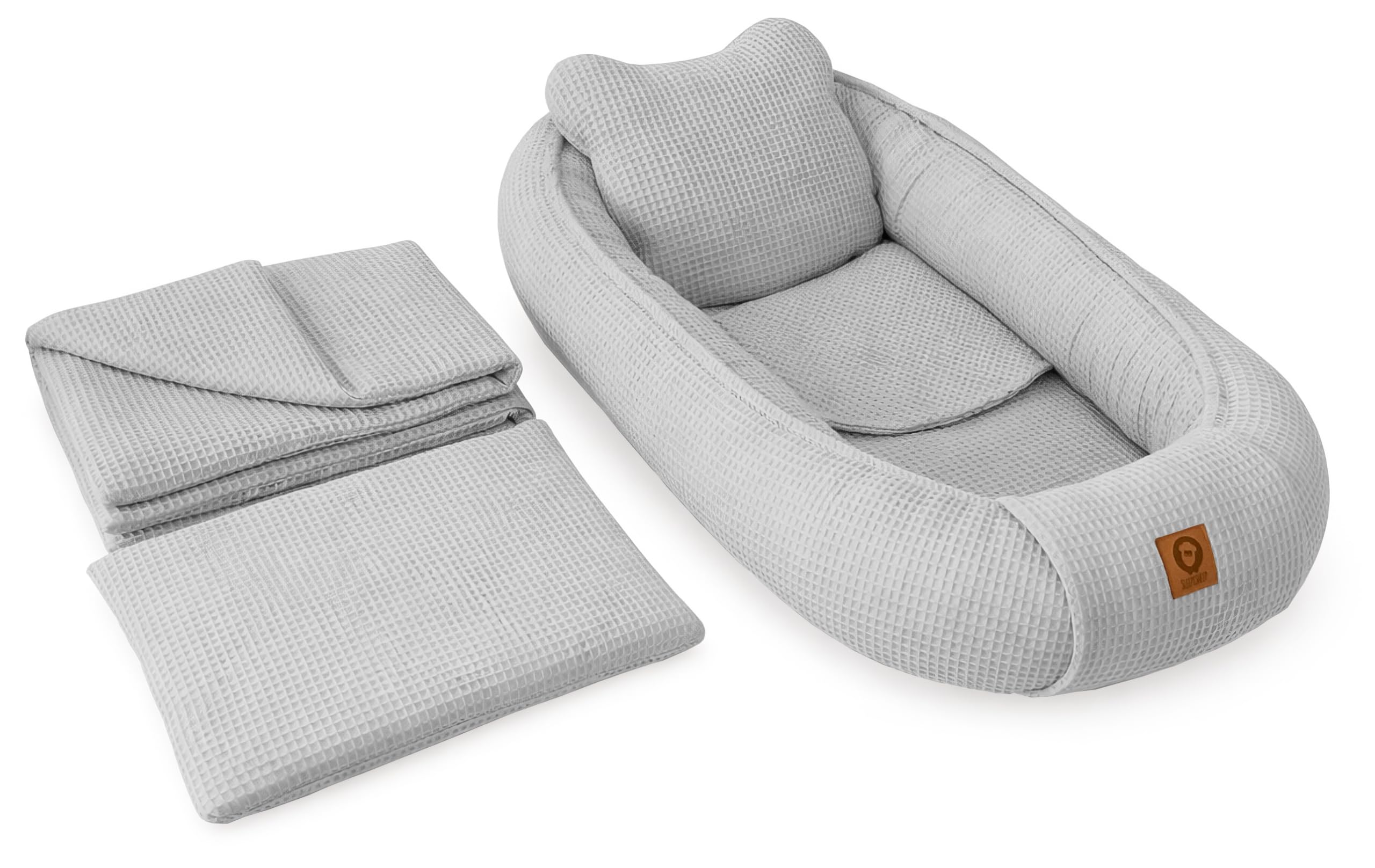 Babynestchen Neugeborene – 5-teiliges Baby Set mit Babynest aus Waffelpique Baumwolle – Nestchen Baby für Babybett & Kinderbett – Babykokon Tragbar – OEKO-TEX zertifiziert – Zubehör Babybett - Grau