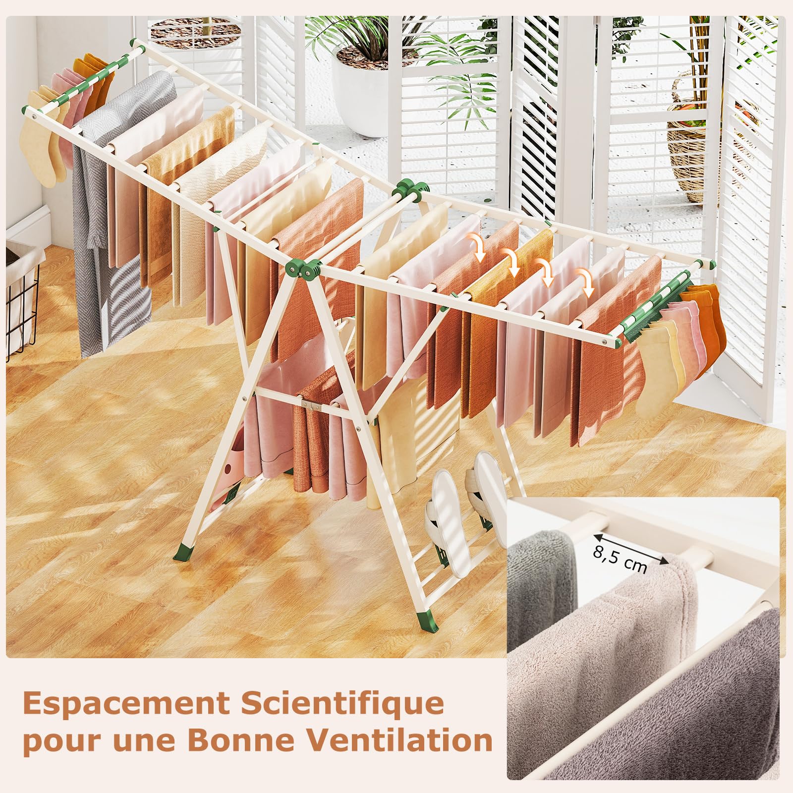 COSTWAY Etendoir Linge Pliable, Sechoir a Linge Pliable 20 Barres, Cadre en Acier, Hauteur Réglable 99-168 cm, Pinces à Chaussettes, 4 Porte-Chaussures, Tancarville Linge Intérieur (Beige,184 cm)