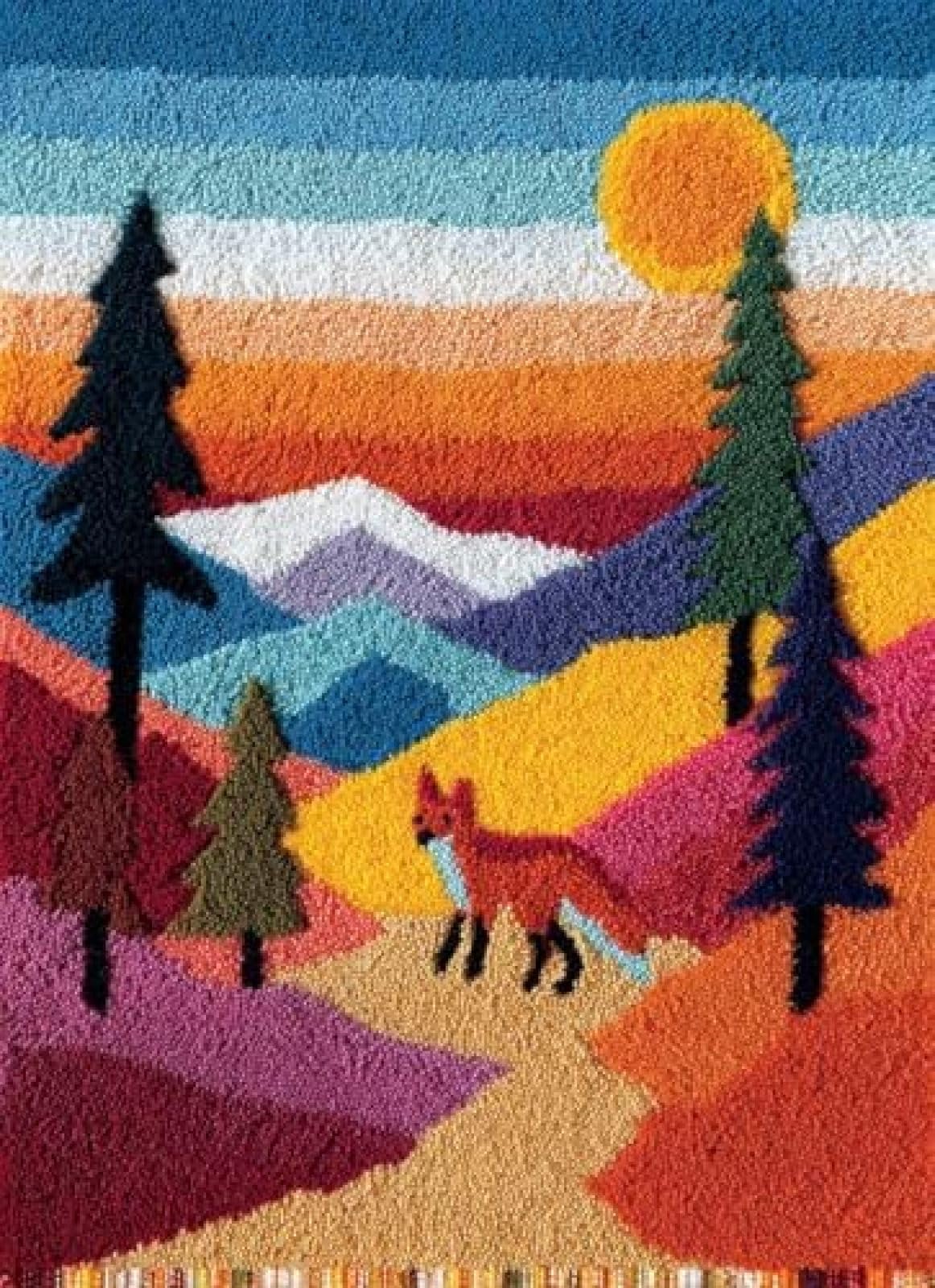 XDEGHUANGSS Latch Hook Rug Kit Fox and Mountains Cushion Cover DIY Craft Set Pre-Printed Mat 38x52cm for Home Decor-3