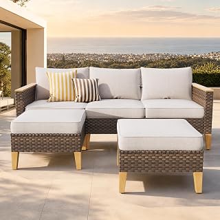 PHI VILLA 5‑Sitzer Rattan Gartenmöbel Set Balkonmöbel, Lounge Möbel Outdoor Gartenlounge Set für 5, Terrassenmöbel Modulare Möbel mit Dick Gepolsterten Kissen für Garten und Terrasse, Beige & Braun