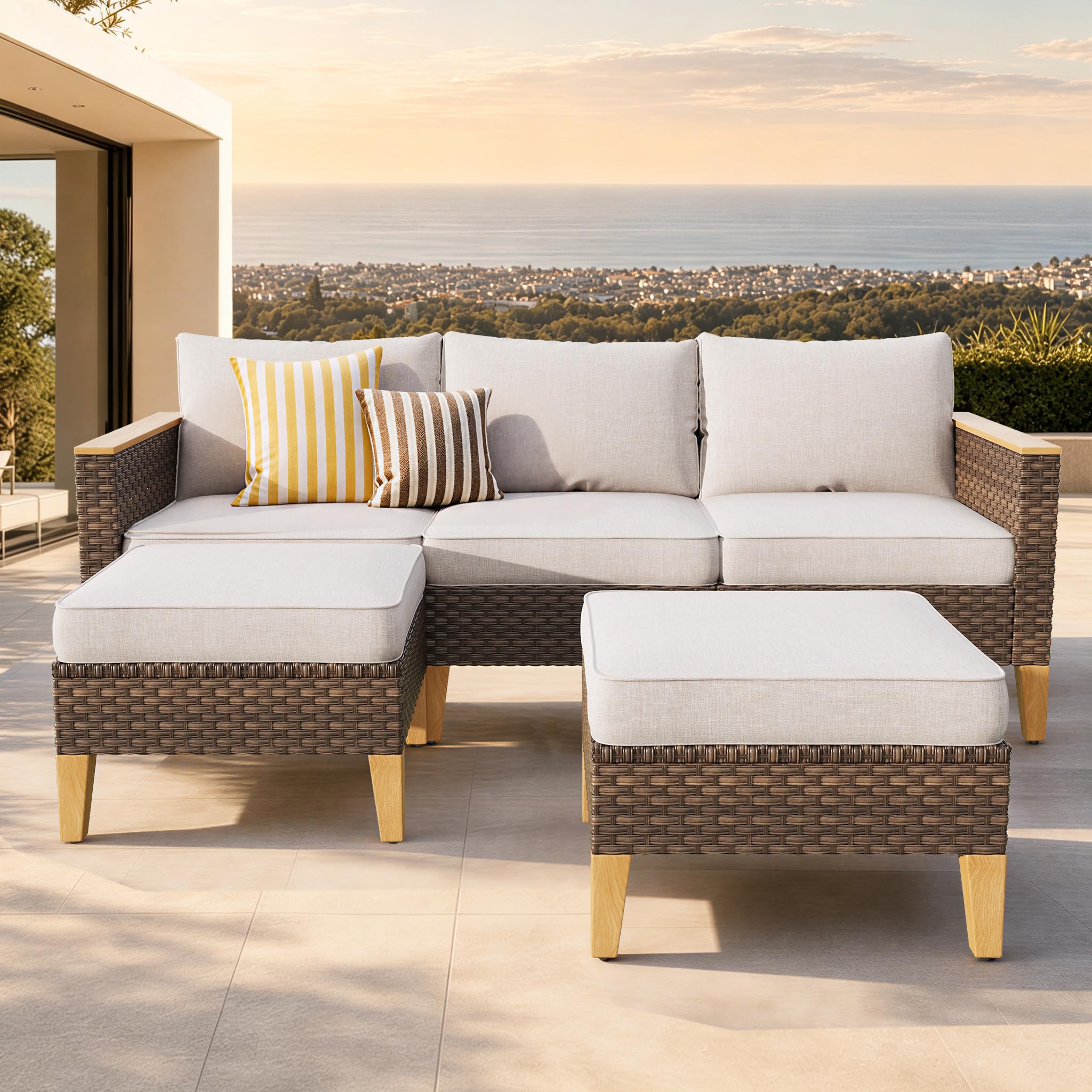 PHI VILLA 5‑Sitzer Rattan Gartenmöbel Set Balkonmöbel, Lounge Möbel Outdoor Gartenlounge Set für 5, Terrassenmöbel Modulare Möbel mit Dick Gepolsterten Kissen für Garten und Terrasse, Beige & Braun
