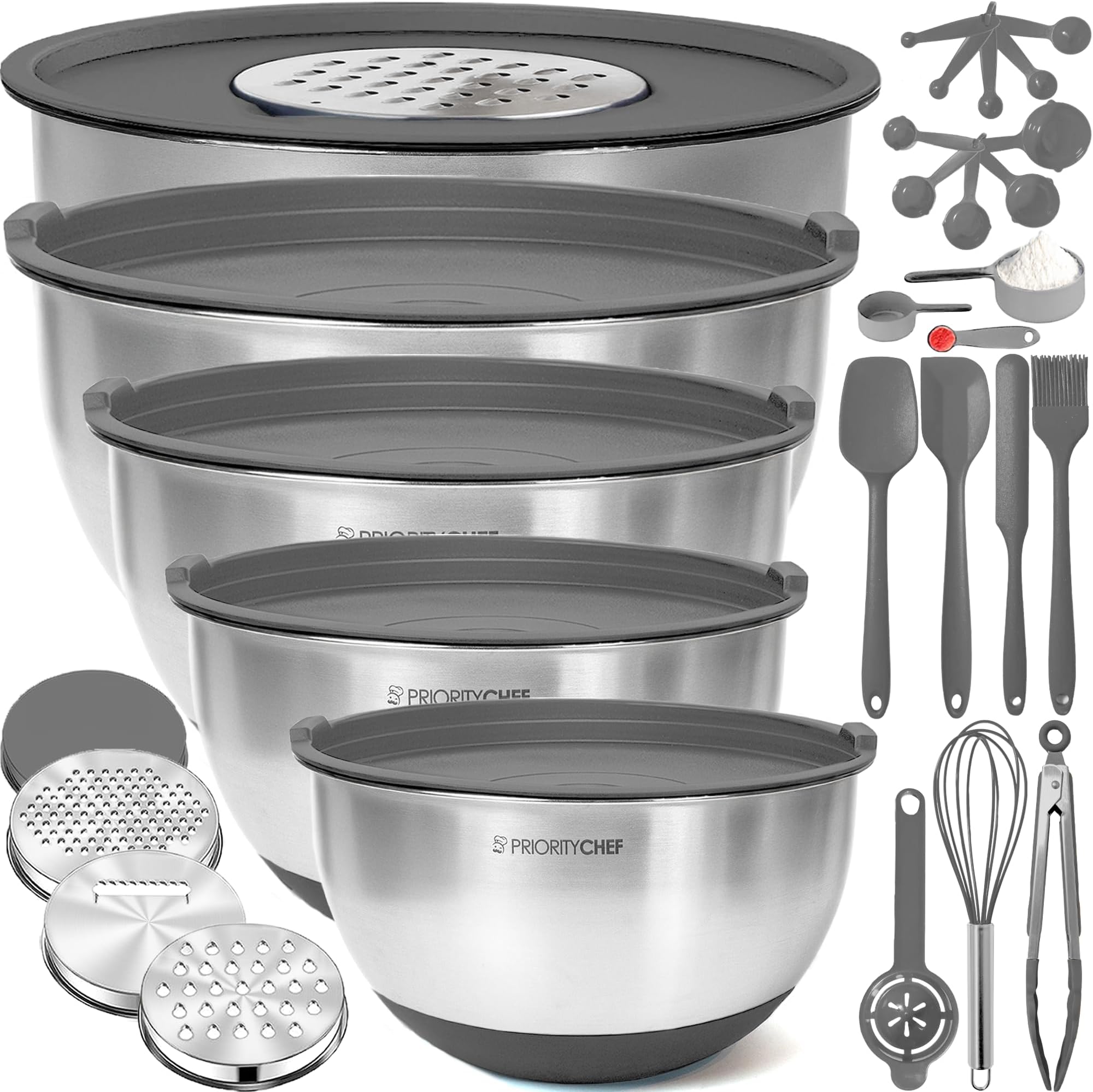 Priority Chef Stainless Steel Mixing Bowls with Lids Set, Metal Nesting Bowls with Airtight Lids, Graters, Non-Slip Base & Measurement Marks, Includes Utensil Set for Prep, Baking & Storage, Grey