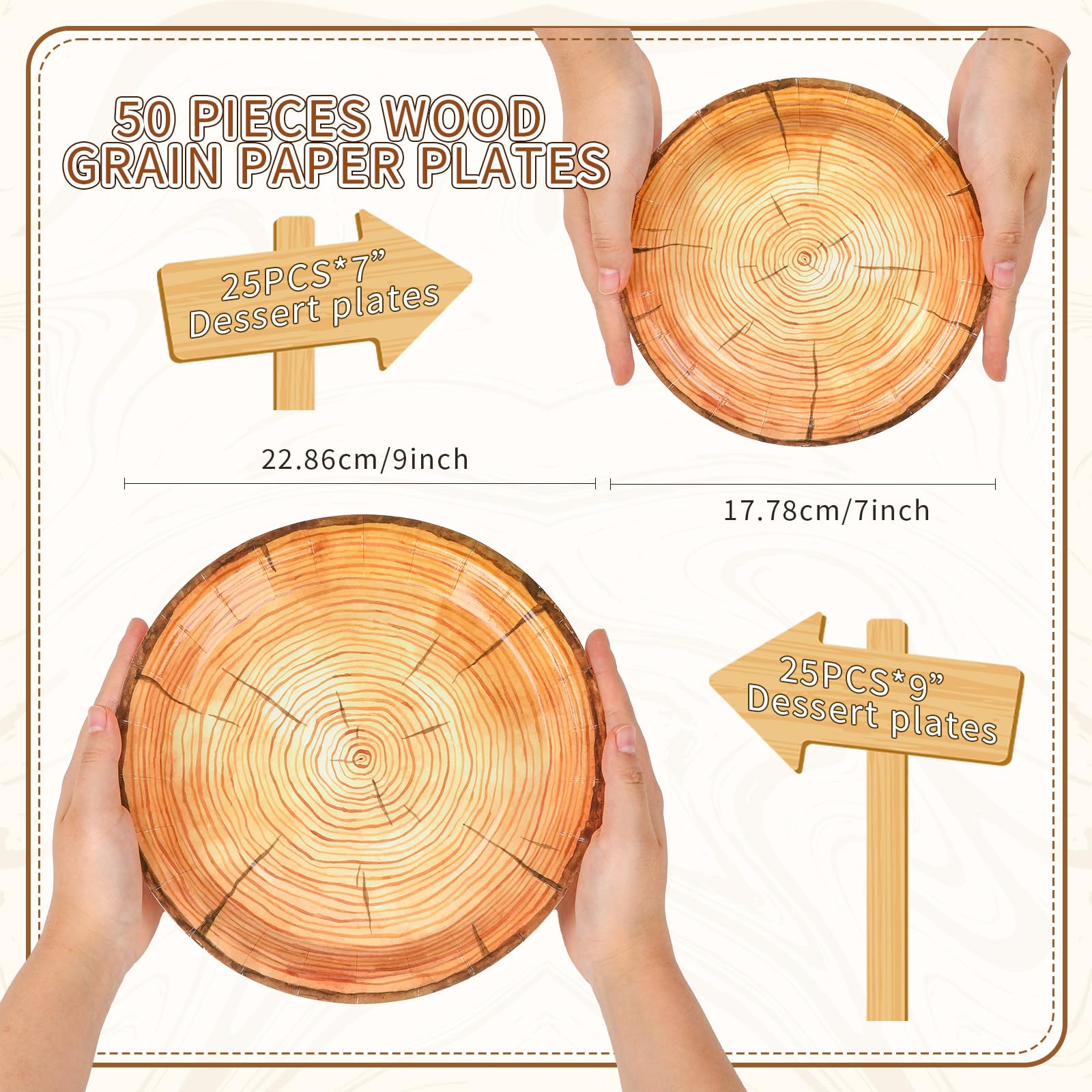 Tioncy 50 Stück Holzmaserung Pappteller 17,8 cm 22,9 cm rustikale Holzscheibenteller Bauernhaus rund Einweg-Speiseteller für Woodland Baby Shower Holzfäller Geburtstag Party Supplies