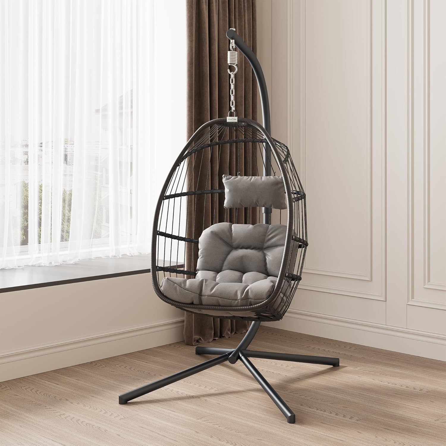 Hanging Egg Chair with Stand,Patio Wicker Swing Egg Chair Outdoor Indoor Hammock Egg Chair 350LBS Capacity for Bedroom, Balcony, Garden