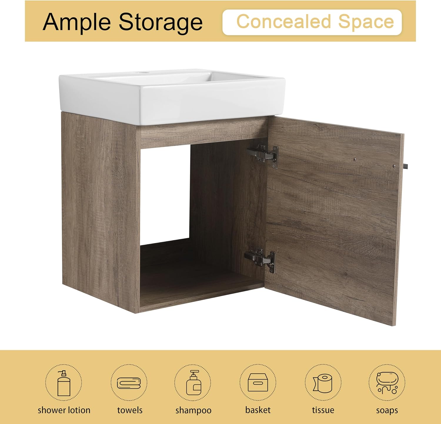 Malwee 18"" Bathroom Vanity with Sink, 18 Inch Floating Bathroom Vanity for Small Space, Single Sink Bathroom Vanity Combo, Modern Bathroom Vanity, Grey Wall Mounted Cabinet Set (HY, 19""*15"")