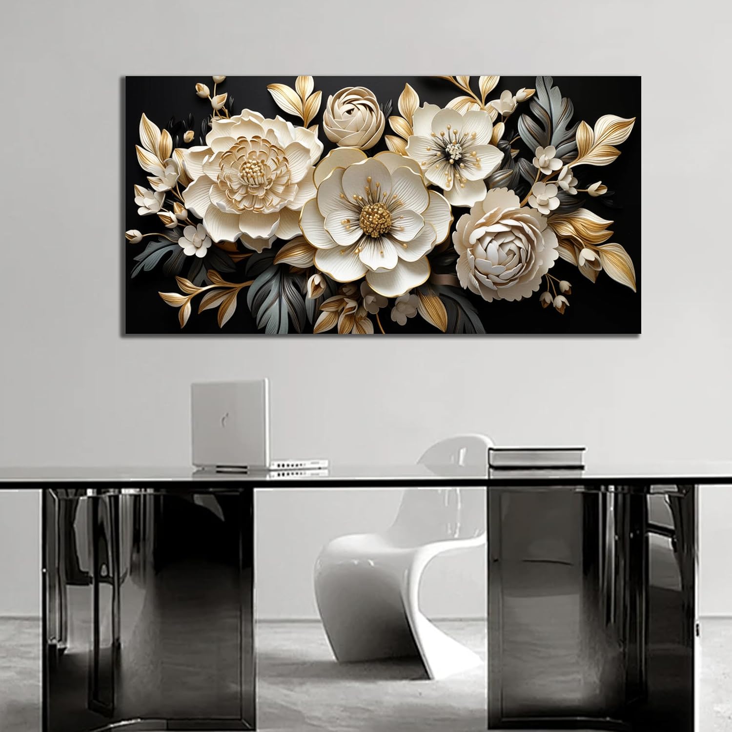 Trogonup Large Gold and Black Flower Wall Art for Bedroom Botanical Picture Modern Artwork for Living Room Office Teen Girls Room Kitchen 20x40 Inch