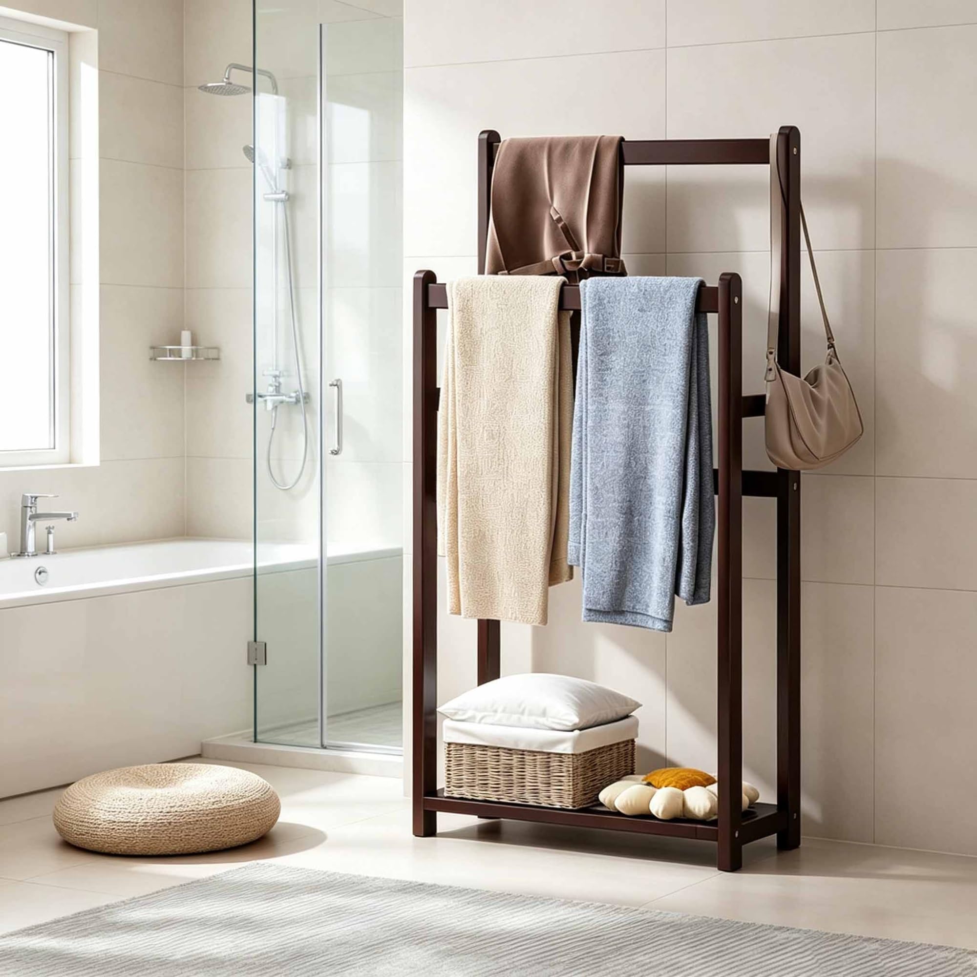 Standing Towel Racks, 39.3"H Towel Drying Rack w/Rattan Countertop