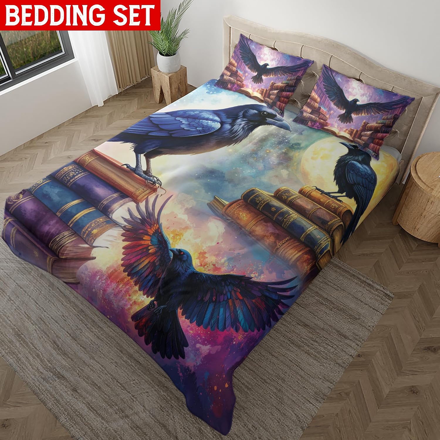 ThuhaTree Store Crow Bird and Book Bedding Set – Bedding Set with Crow Bird Theme