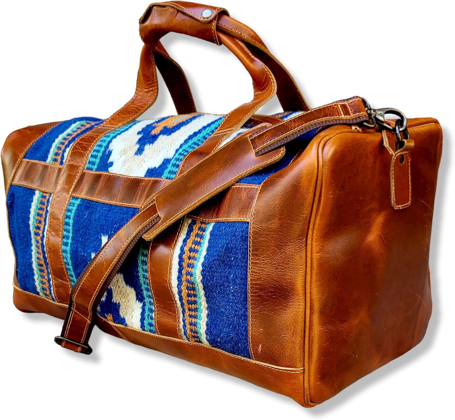 The Southwestern Antique Saddle Brown Leather Aztec Weekender Western Duffel Bag